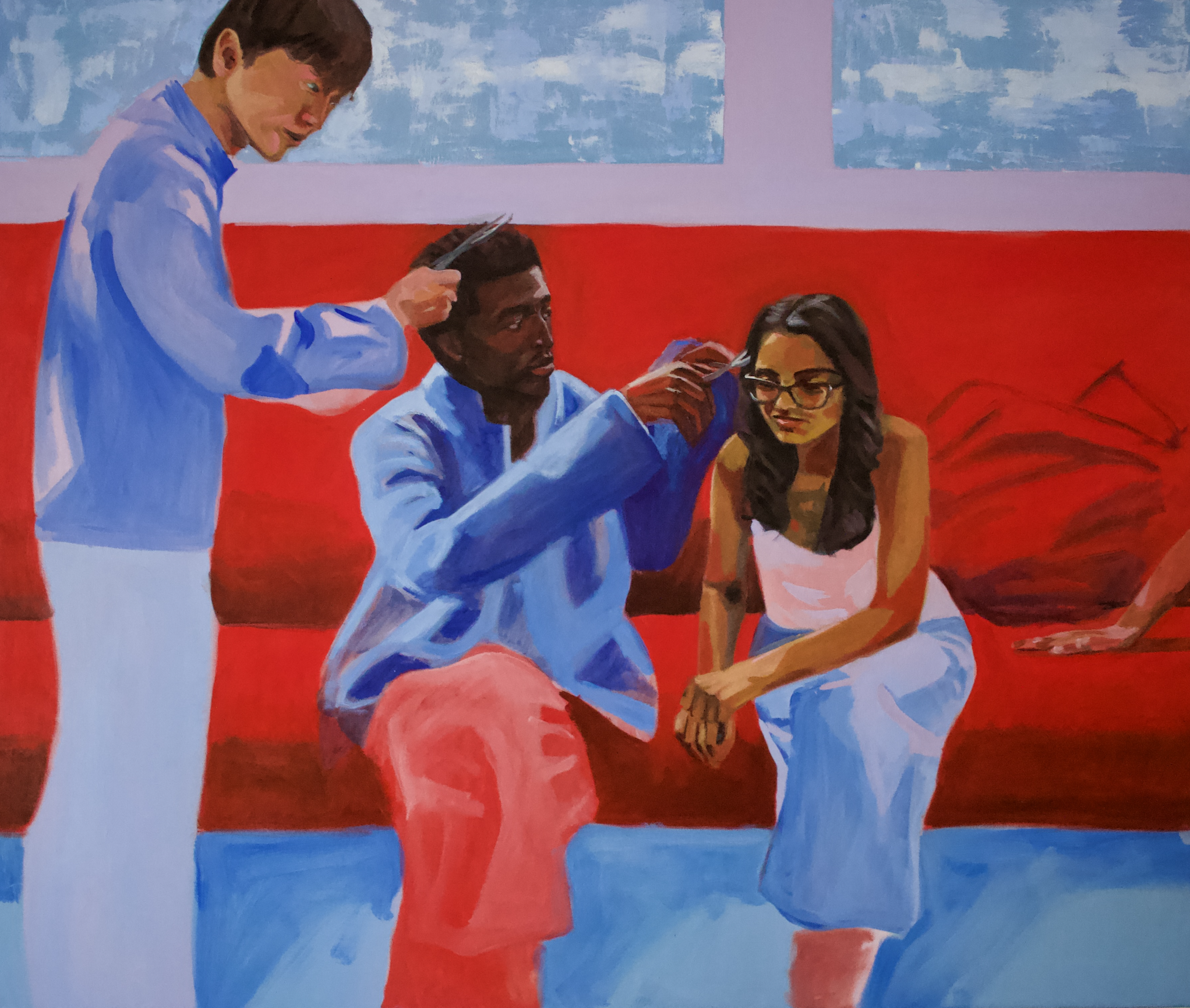 Painting of a woman getting her hair styled by a hairdresser while another woman watches, seated on a red couch.