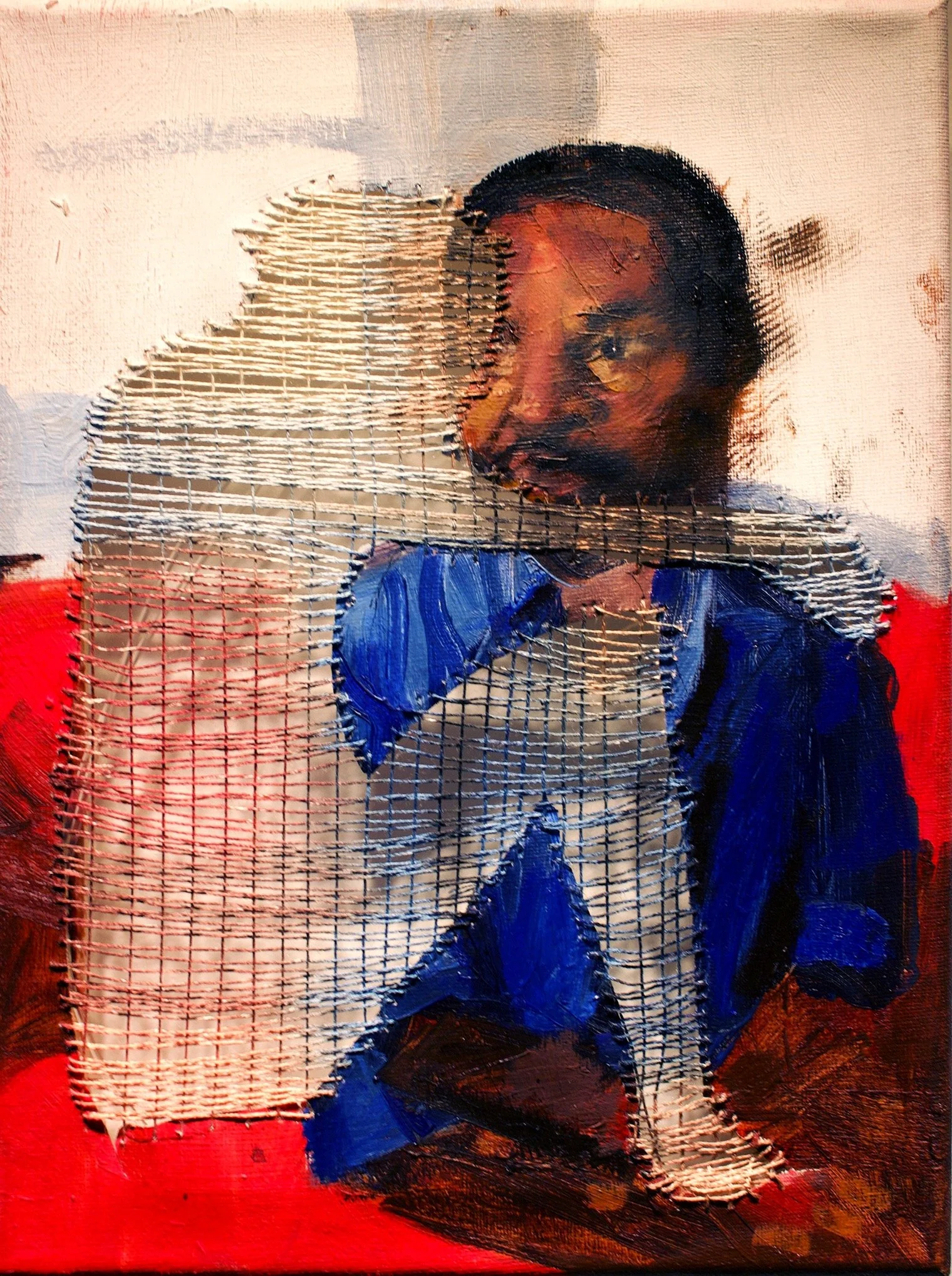 Collyn, 2025, oil on canvas with silk string and silk dye, 11x8.5"