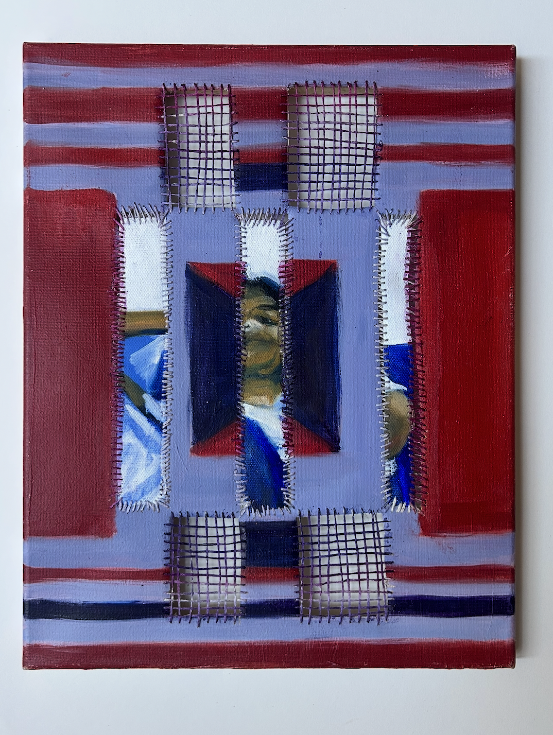 Fraternal Twin 1, 2026, oil on canvas with silk string and silk dye, 14x11"