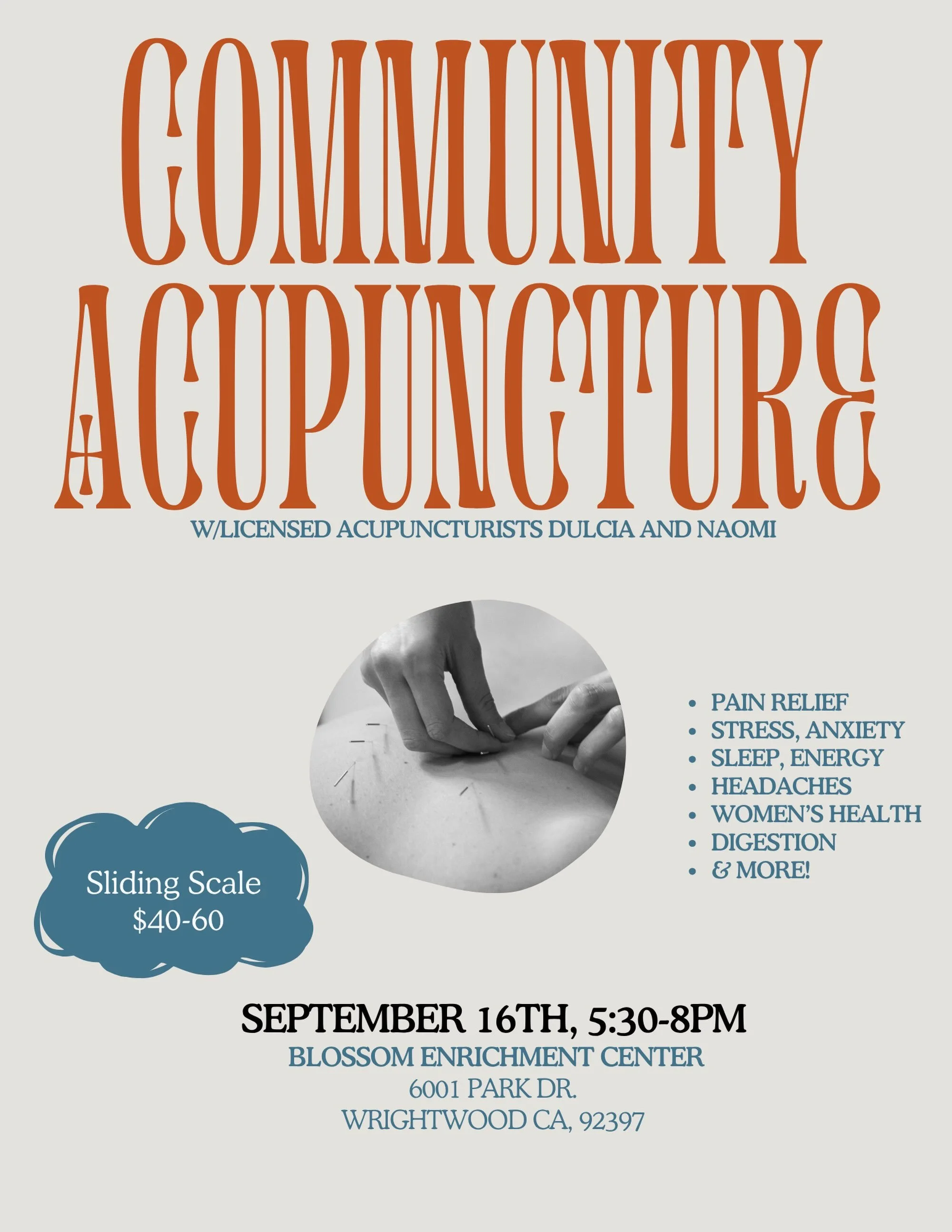 New day and time for community acu this month at @blossomenrichment ✨ Hope to see you there!

#acupuncture #tcm #wrightwood #chinesemedicine