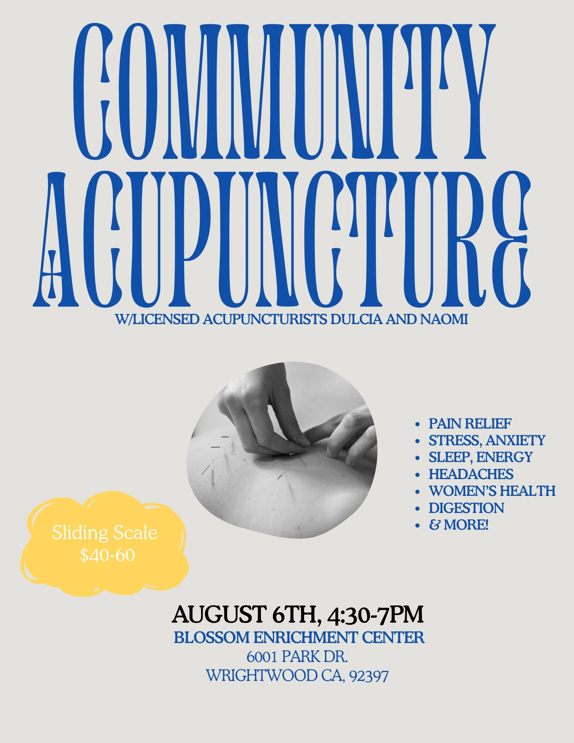 Join us tomorrow for another community acu event ✨ @blossomenrichment

Offering cupping and ear seeds as an alternative as well ☺️

Stop by and say hi!

#acupuncture #communityacupuncture #tcm #wrightwoodca #chinesemedicine
