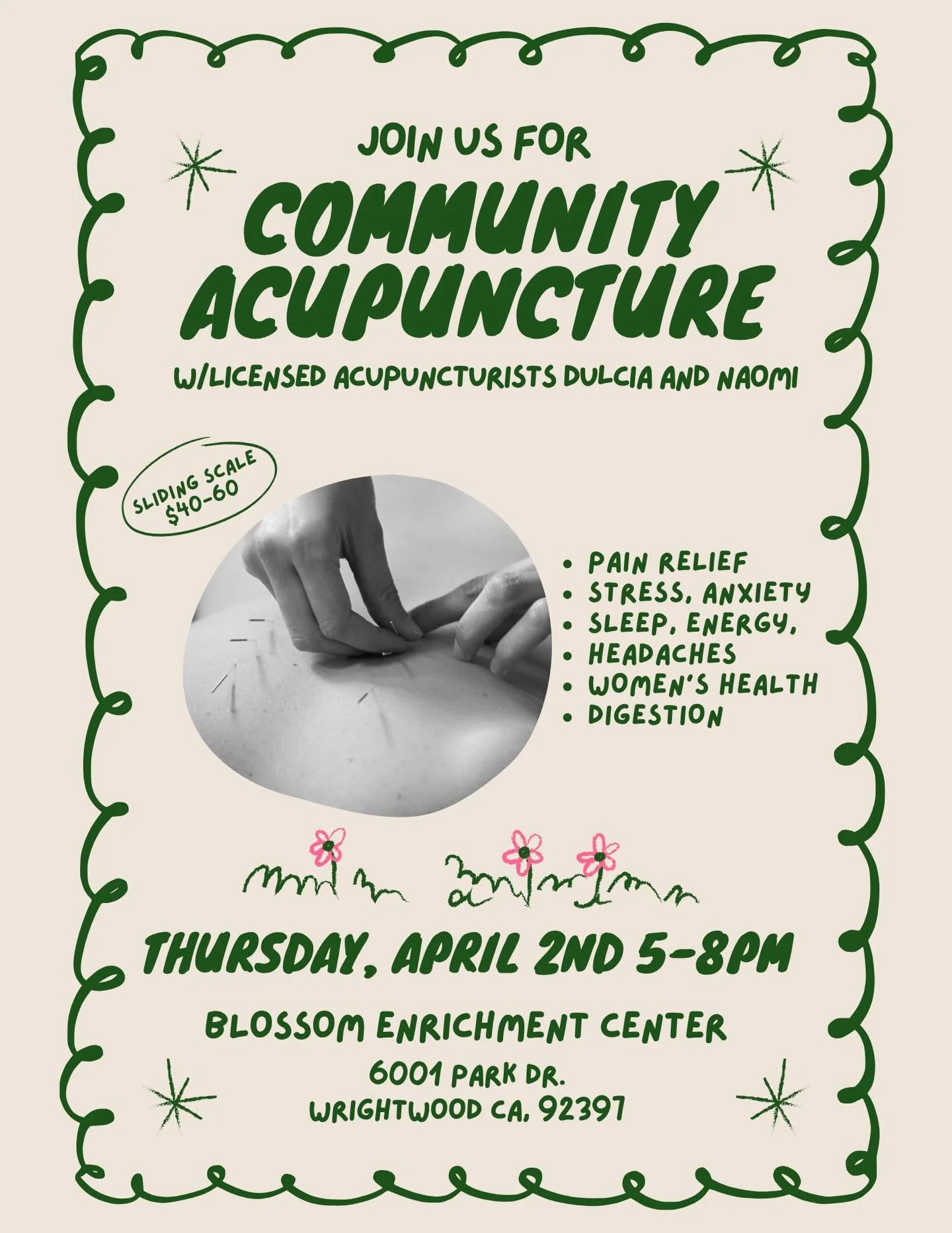 Community acu happening tonight!! Come hang and get poked ✨ @blossomenrichment 

#acupuncture #communityacupuncture #wrightwood