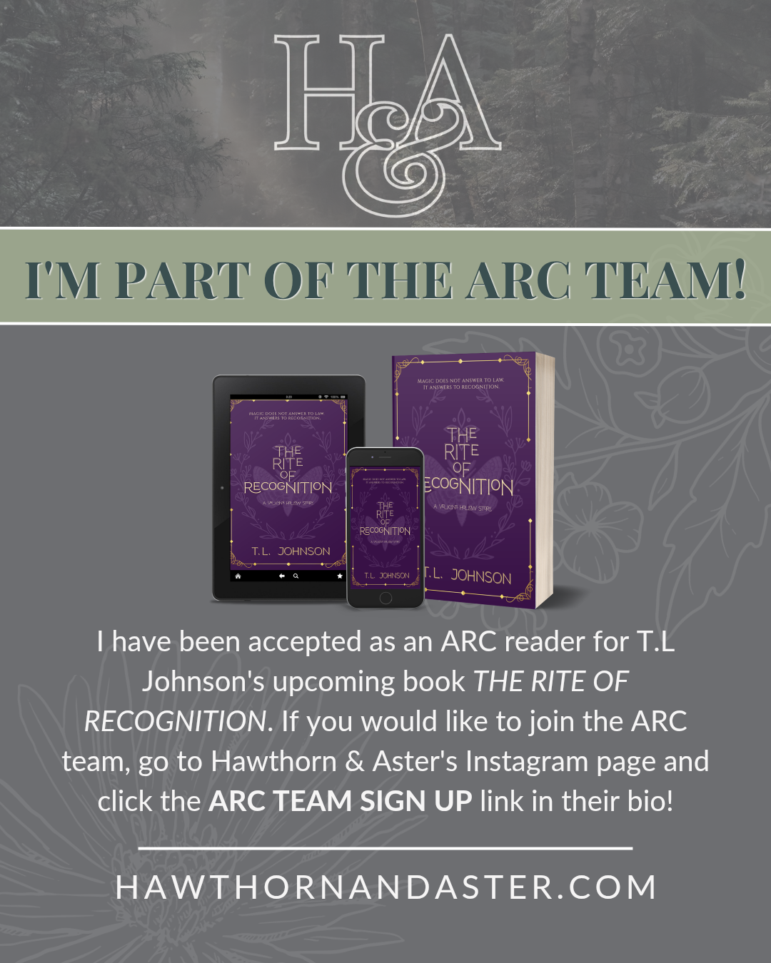 I'm a part of the ARC Team for T.L. Johnson's, The Rite of Recognition,  Book #1 of Velkyn's Hollow hosted by Hawthorn & Aster