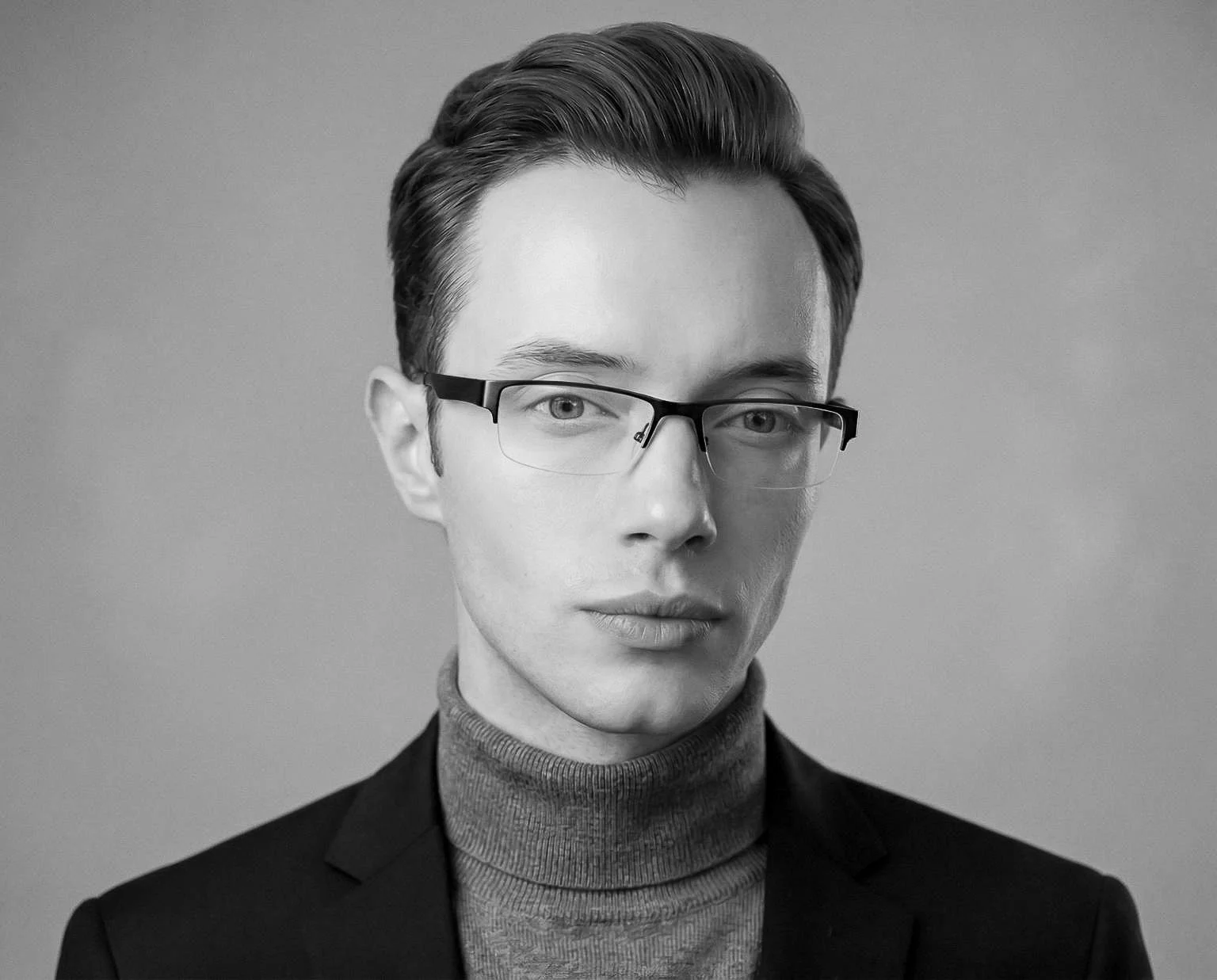 Black and white portrait of a woman with short hair, wearing glasses, a turtleneck sweater, and a blazer, looking directly at the camera.