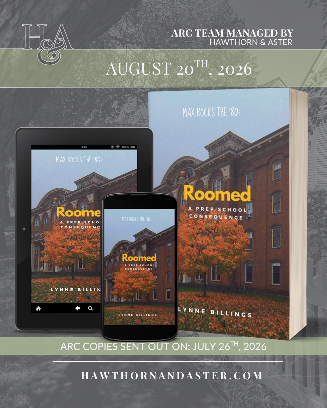 Roomed, Book #1 of Max Rocks the '80s series by Lynne Billings, a prep school surrounded by autumnal leaves, a nostalgic 1980s romance