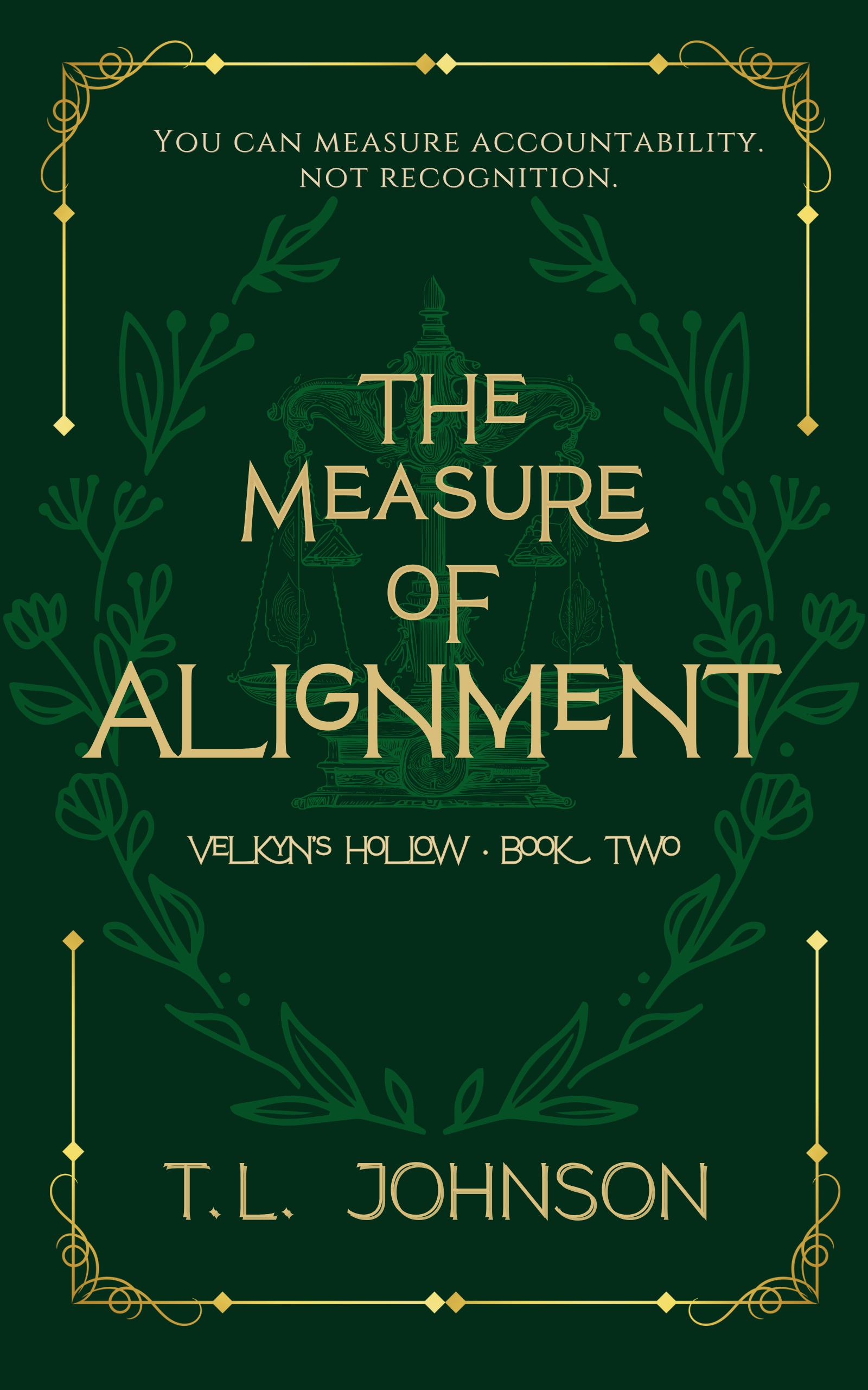Book cover titled 'The Measure of Alignment' by T. L. Johnson, Velvet Hollow, Book Two, with decorative border and a faint illustration of scales in the background.