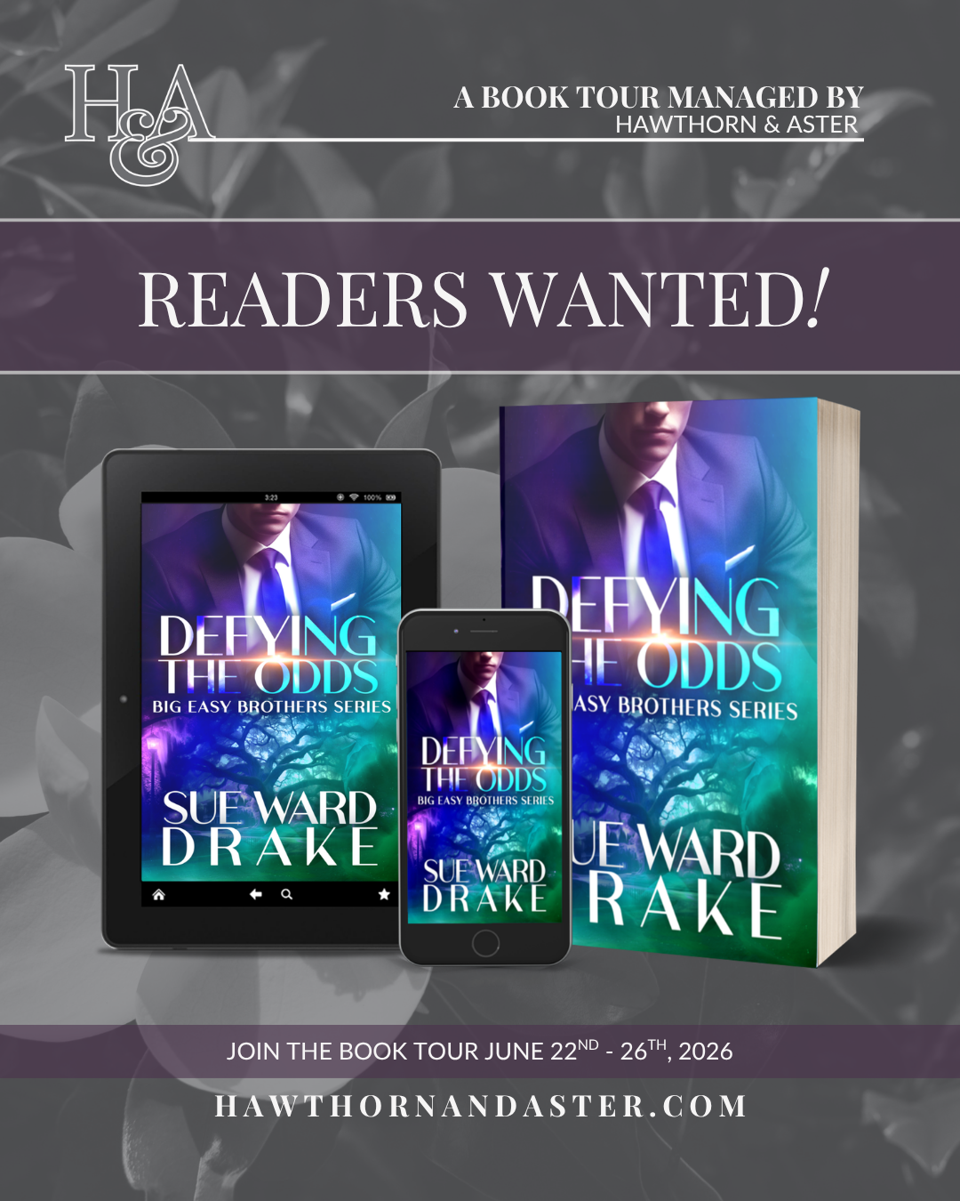 Join Sue Ward Drake's book tour for Defying the Odds, Big Easy Brother Book 4