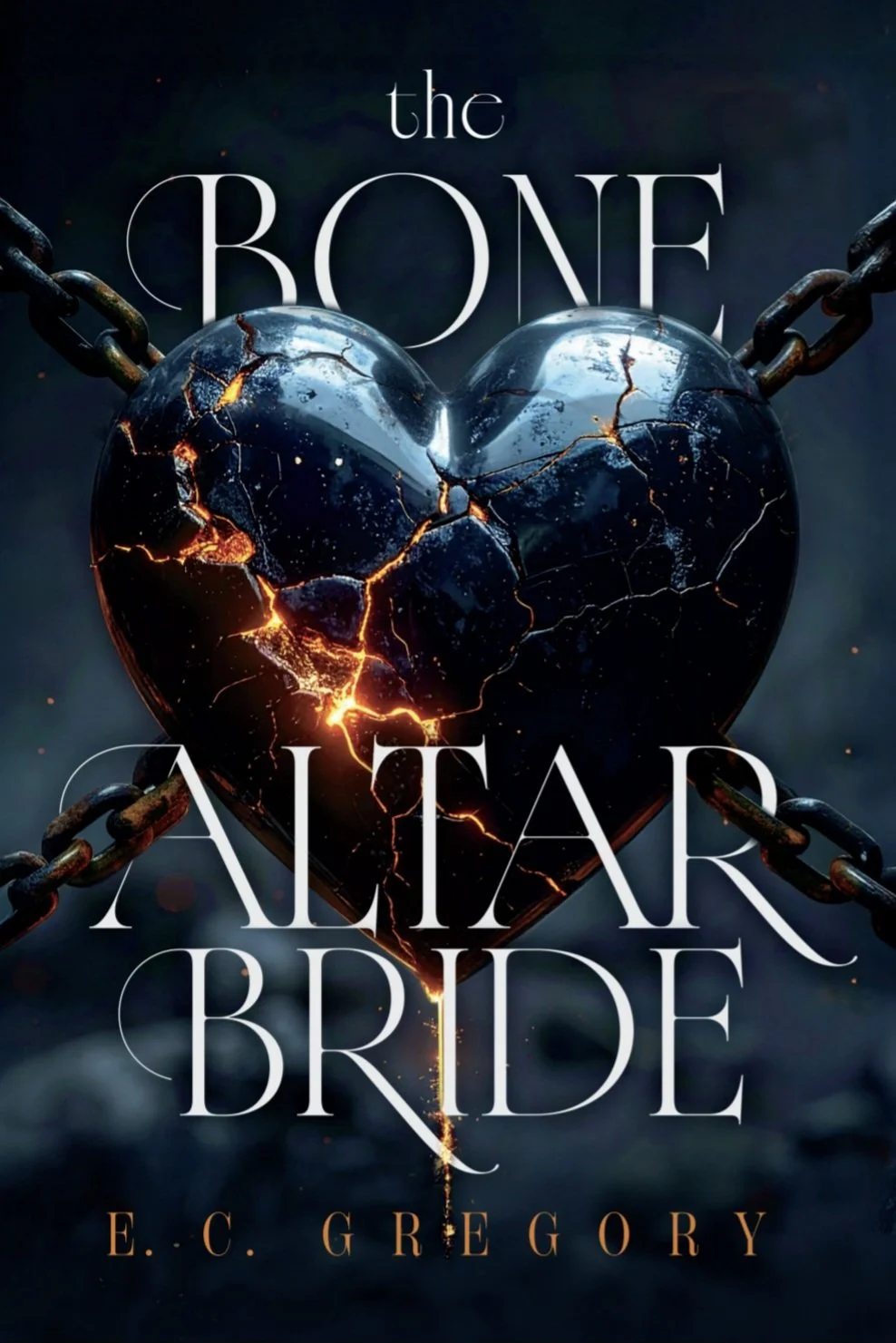 The Bone Altar Bride by E.C. Gregory, a debut romantasy novella. A book cover with a cracked metal heart, suspended by chains. Lava pours from the cracks.