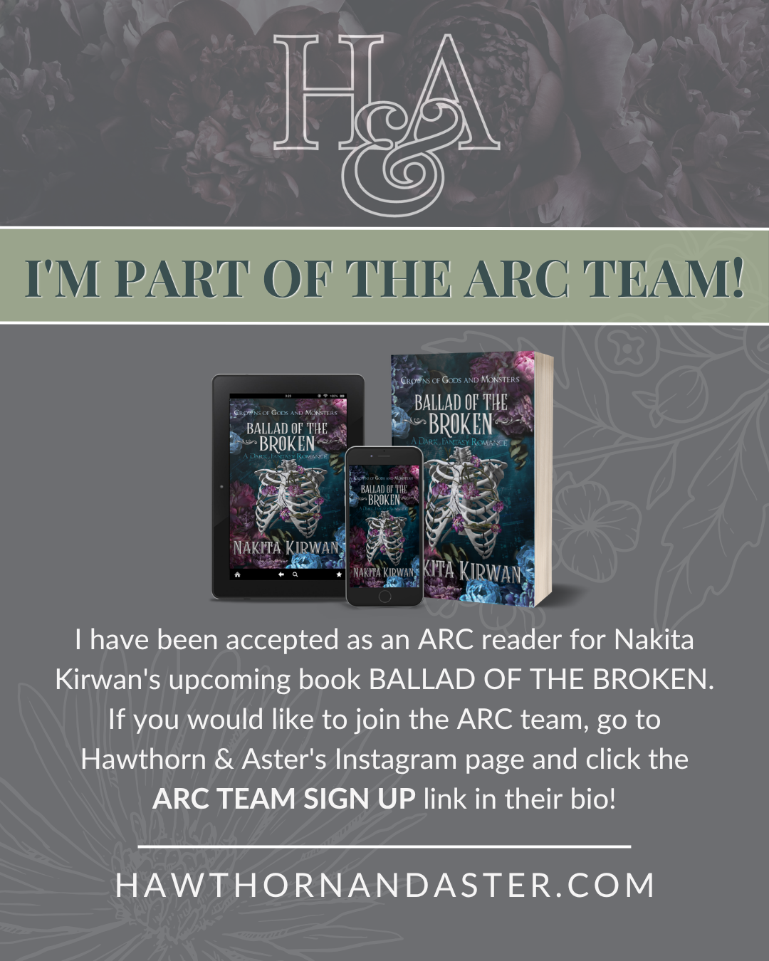 Team Acceptance Graphic for Members of Nakita Kirwan's Ballad of the Broken, Book #2 of Crowns of Gods and Monsters