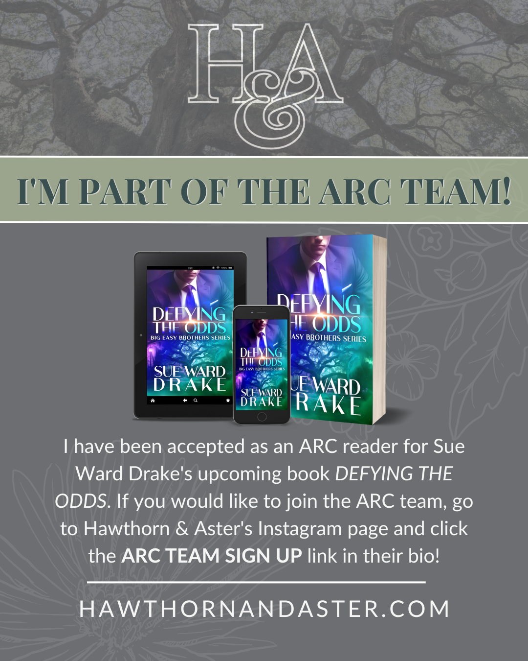 I'm a part of the ARC Team for Defying the Odds by Sue Ward Drake, Big Easy Brothers Book 4