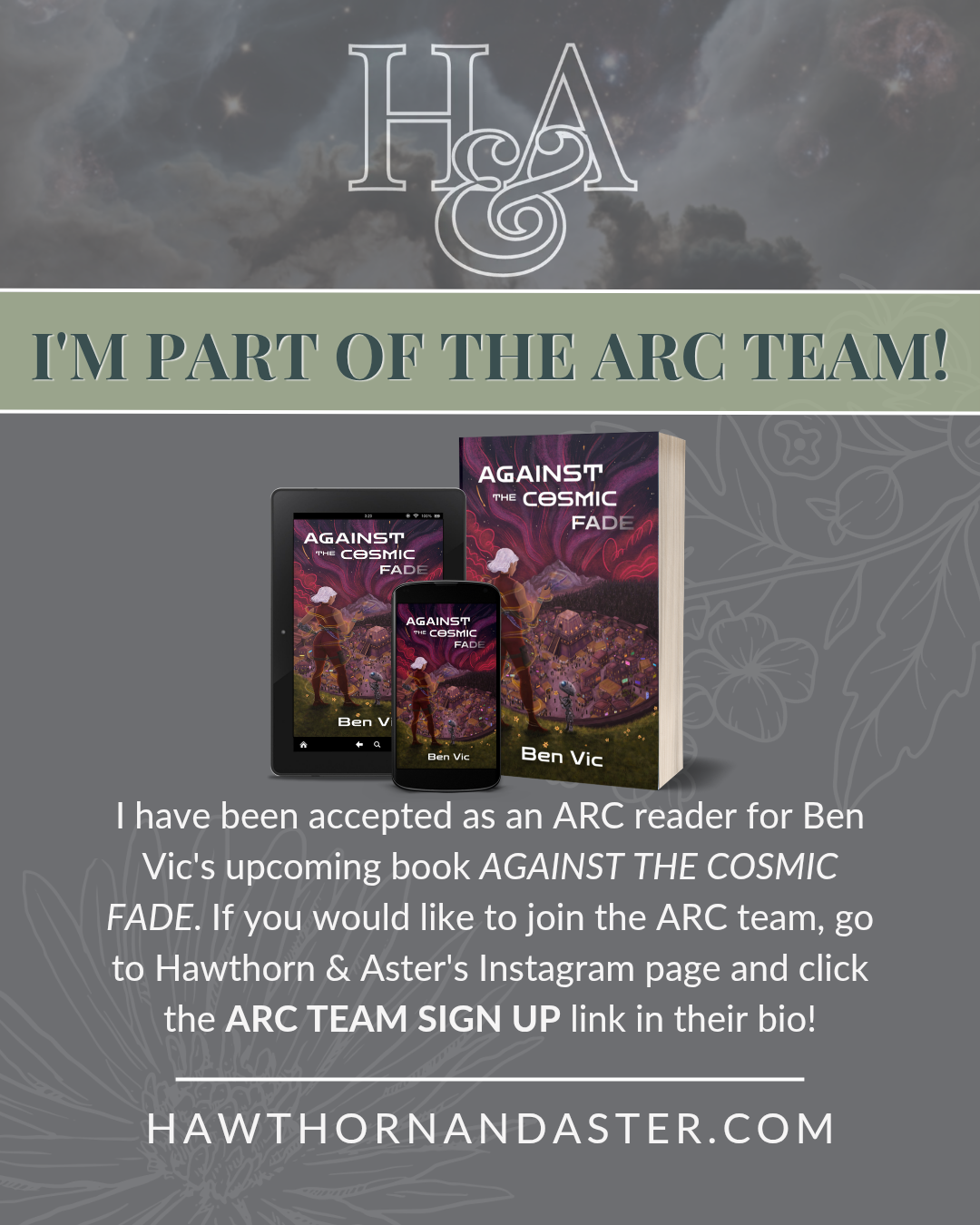 I'm a part of the ARC team for Ben Vic's debut young adult scifi space opera, Against the Cosmic Fade, Book #1 Vesperaun
