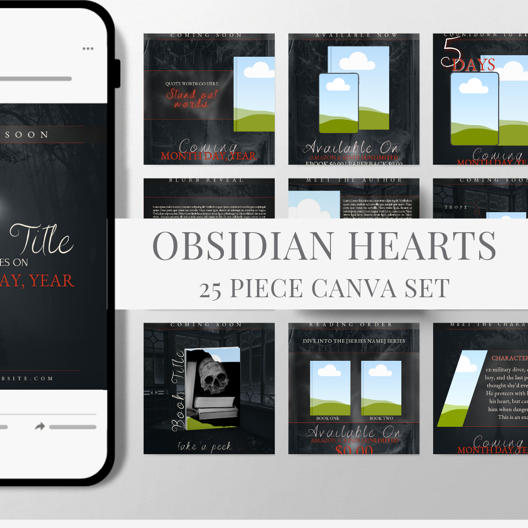 Obsidian Hearts, 25 Piece Canva Template Set for Romance Authors