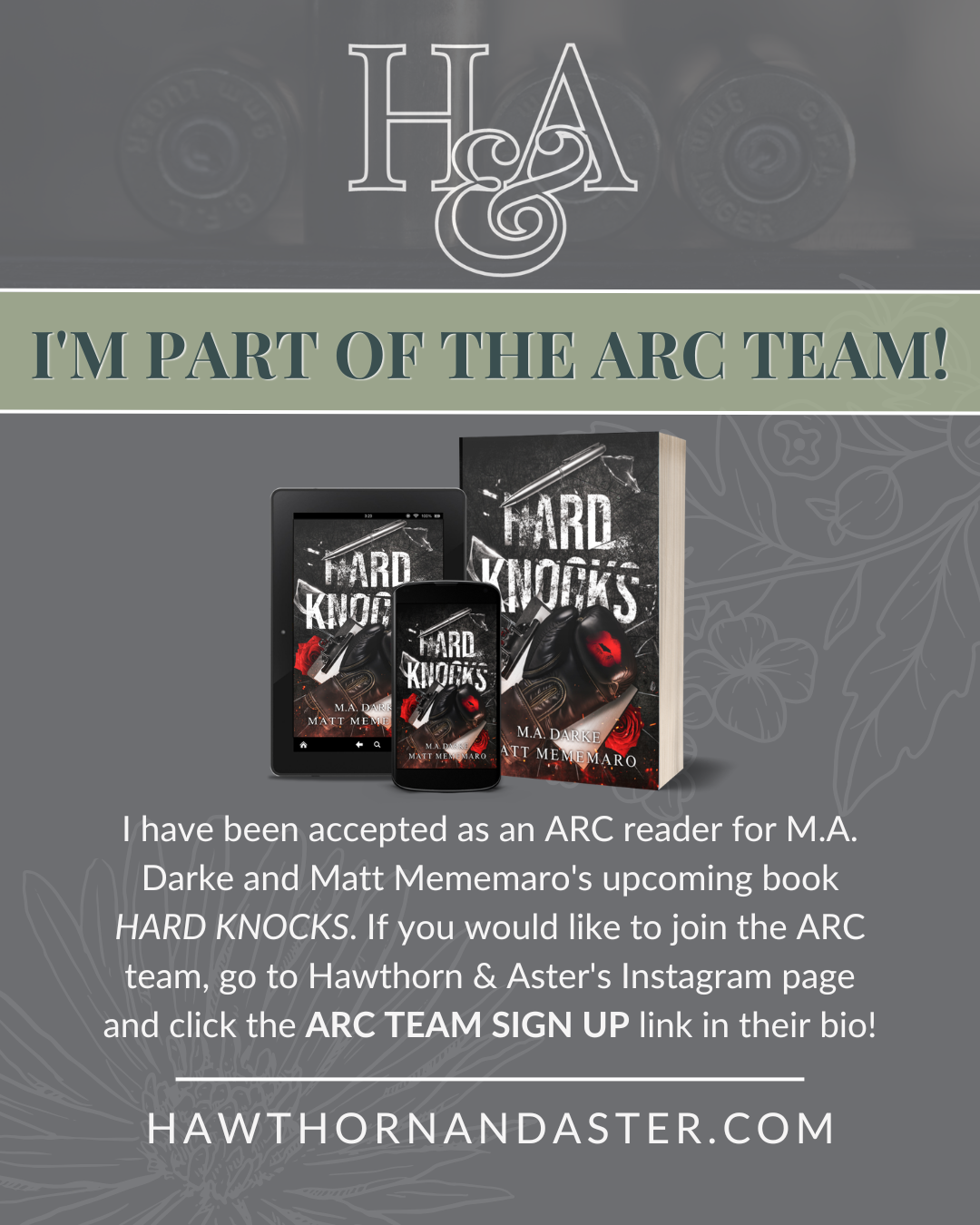 I'm a part of the ARC team for M.A. Darke's and Matt Mememaro's ARC Team for Hard Knocks!