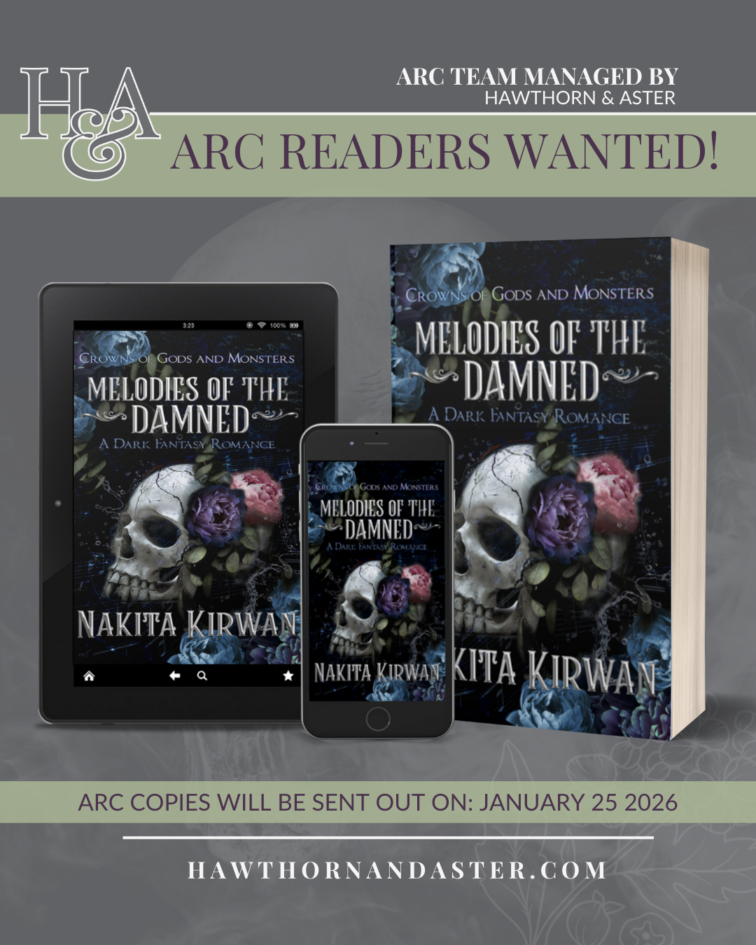 ARC Readers Wanted for a debut fantasy romance, Melodies of the Damned (Book 1, Crowned by Gods and Monsters) by Nakita Kirwan