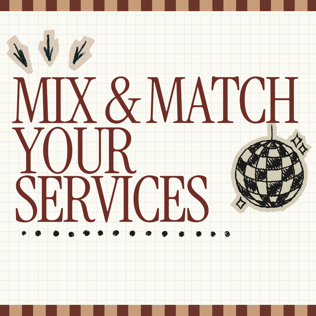 Mix and Match your services for indie and self-published authors looking for an assistant, over a graph background, flanked by hand drawn arrows and a hand-drawn disco ball