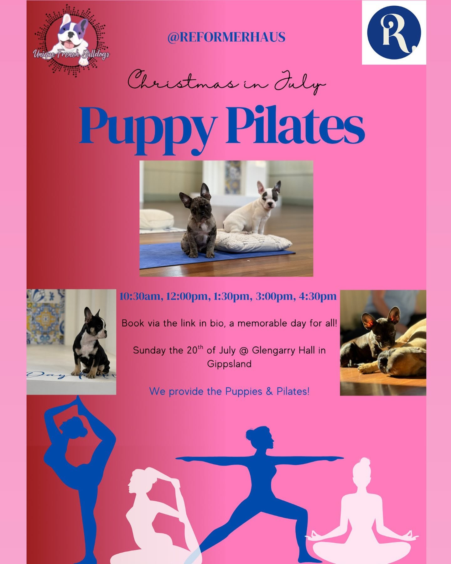 Everyone loved Gippslands first Puppy Pilates event so much that we have been asked to host another one! 💕🧘🏼&zwj;♀️

Join us at the Glengarry Hall located in Gippsland for this memorable Pilates experience with French Bulldog Puppies 💕🐾

LINK TO