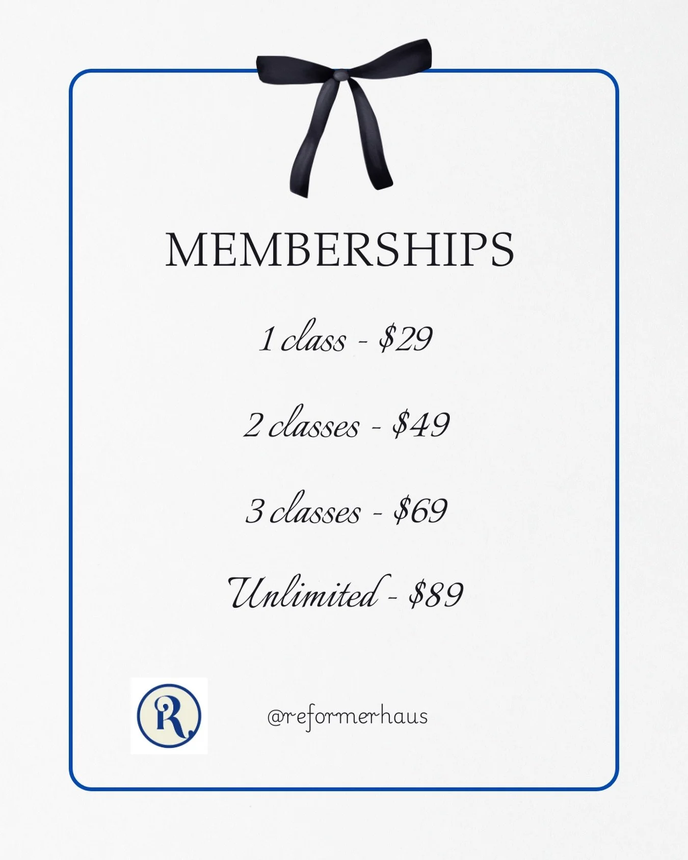 Elevate your weekly routine with a membership designed for consistency, strength &amp; lasting results ✨

Our weekly memberships:
1 Class per week &mdash; $29
2 Classes per week &mdash; $49
3 Classes per week &mdash; $69
Unlimited &mdash; $89

Becaus