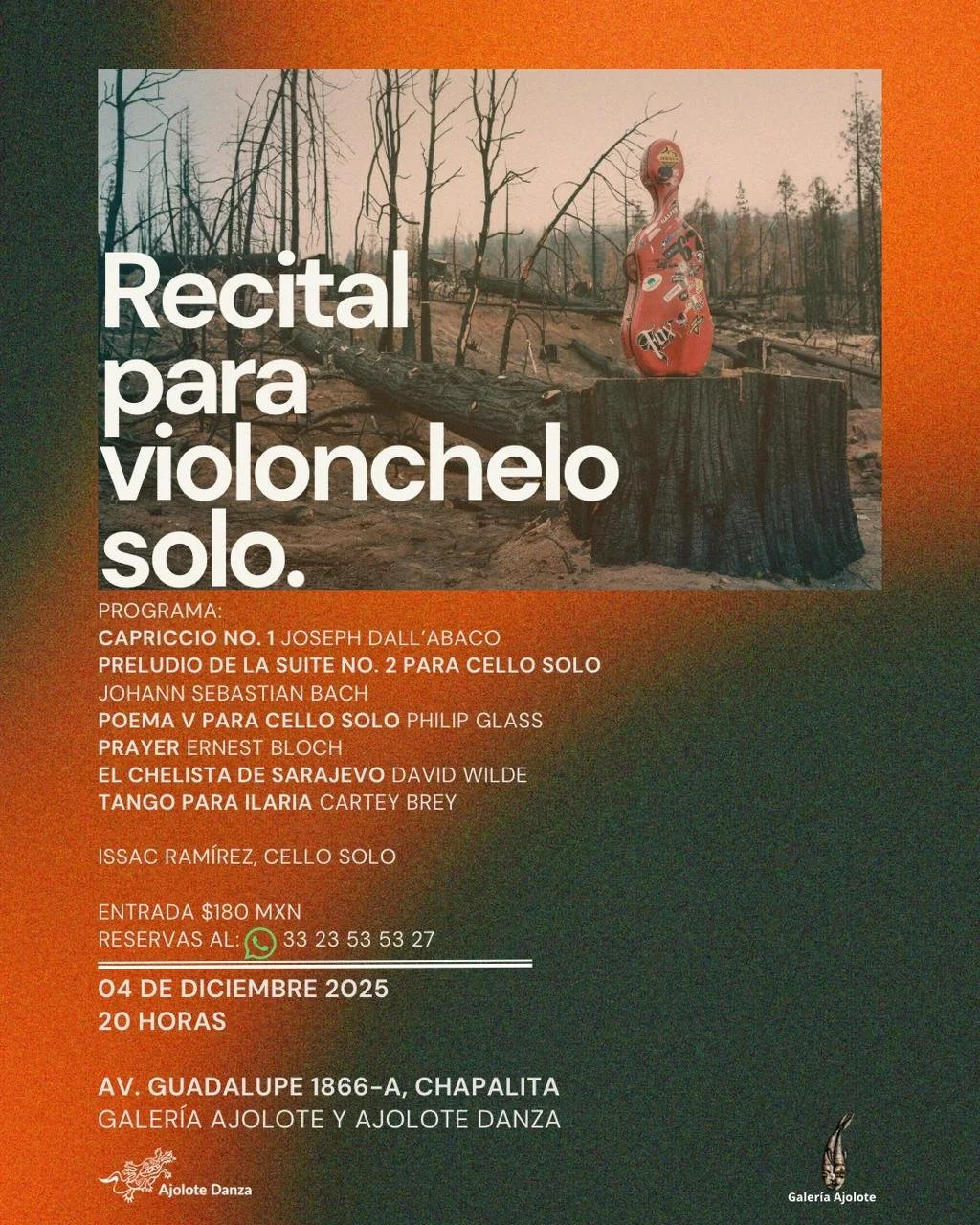Recital de violonchelo solo en Galería Ajolote