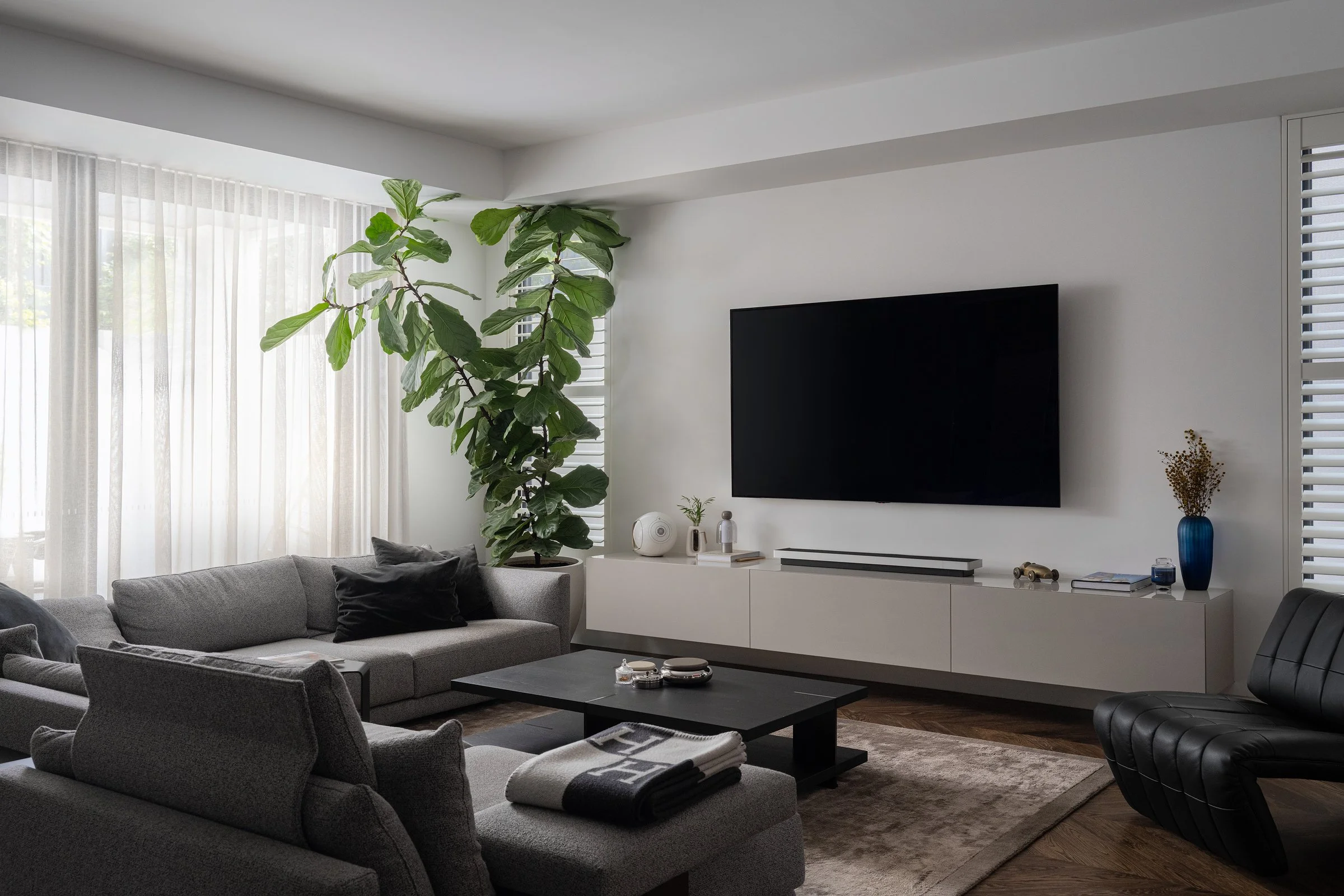 Modern living room with gray sofas, a black armchair, a large leafy plant, a white wall-mounted TV, and a white entertainment console with decorative items.