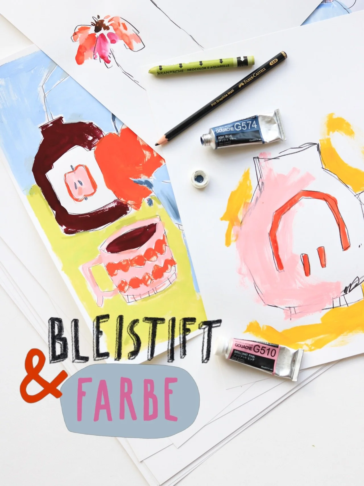 Bleistift + Aquarellfarbe, Gouache oder Acryl geh&ouml;ren schon seit l&auml;ngerer Zeit zu meinen lieeeebsten Materialkombinationen. Dabei lasse ich die Vorzeichnung bewusst sichtbar stehen und koloriere nur locker mit den deckenden Farben dar&uuml;