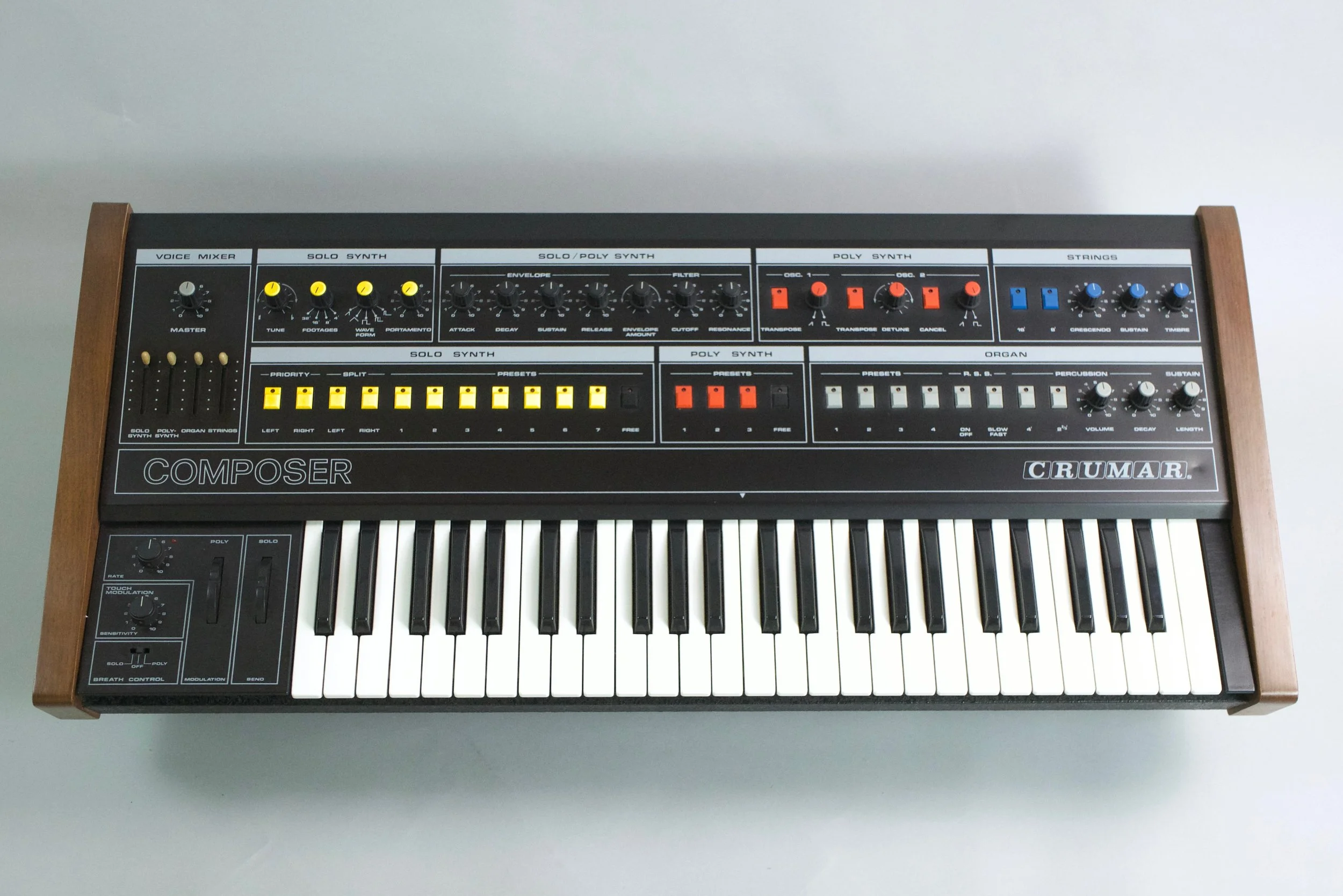 Crumar Composer - 1982 - King of the Italian combo synthesizers, this is also the V.A.I. desert island synth : 4 independent sections with all the classic 1970s and early 1980s sounds dialled in instantly.  