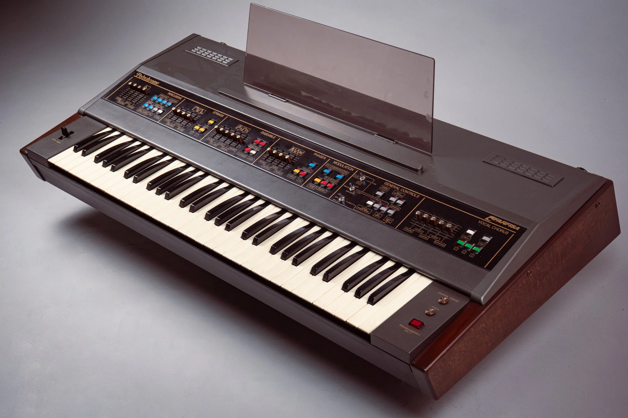 There are four main instrument groups with individual preset sounds that are selectable one at a time : 
1. Percussive - Piano, Harpsichord, Clavichord and the latest in modern piano emulation - Honky Tonk. This section is equipped with a dedicated f