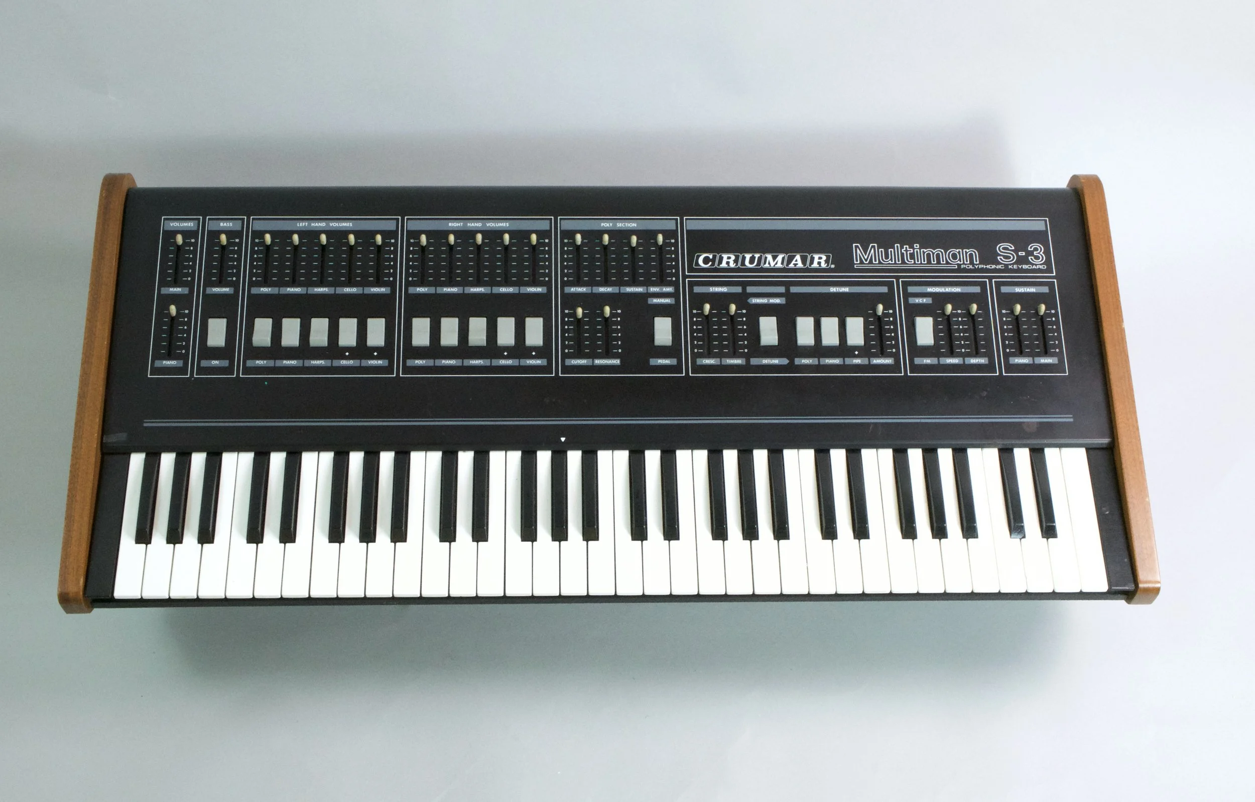 Crumar Multiman S3 - 1985 - A Multiman to rule them all - this is the most advanced of the three models, with added modulation for the strings.  
The 4 sections are playable simultaneously : String machine, Piano and Polyphonic synthesizer, and lastl