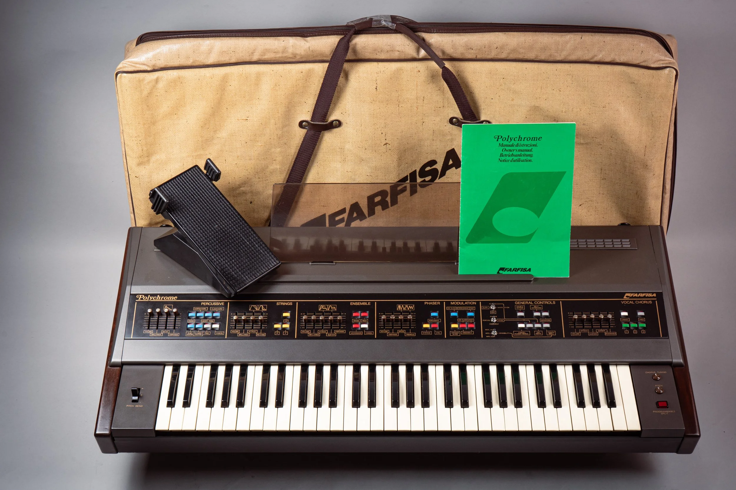 FARFISA POLYCHROME - 1978 - A gigantic instrument with an equally huge sound - was this the flagship Farfisa string machine? 
With 4 independent sections of Divide Down based instruments with lots of modulation capabilities our bets are in. 