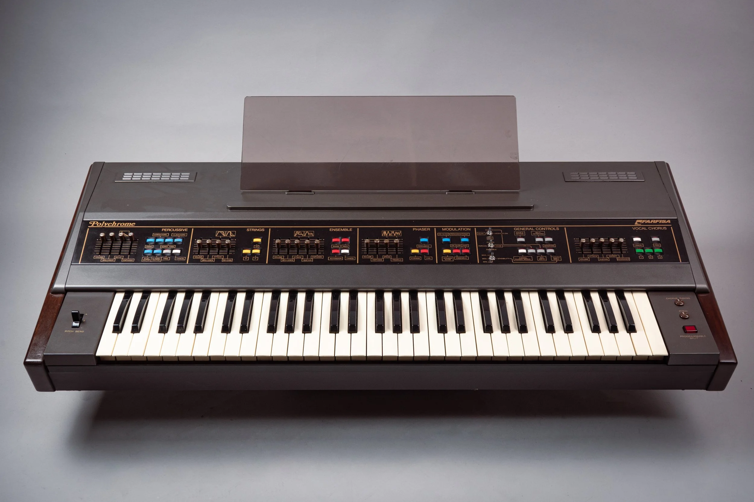 The Polychrome uses octave-divider technology to achieve full polyphony meaning you can effectively play a 61 note chord. It's a big-boned piece of gear, wide and surprisingly deep - this to comfortably fit all the circuit boards inside. The keyboard