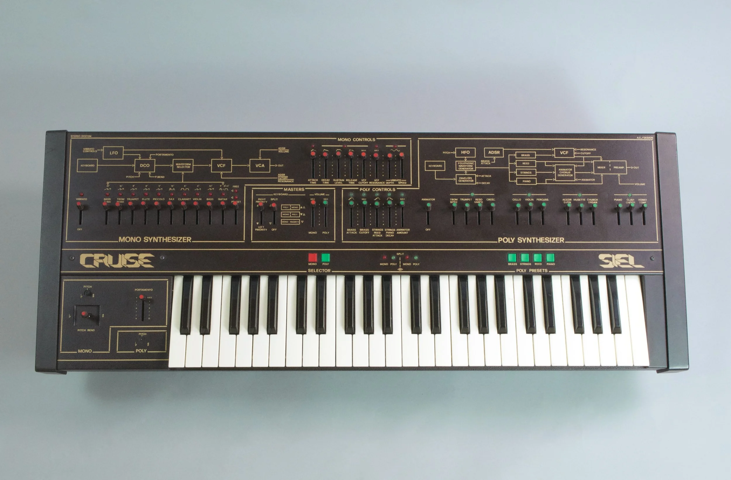 Siel Cruise - 1981. One of Italys most successful Mono Poly combo-keyboards is a must for analog synth heads. Combining a versatile and hands-on, monophonic synthesizer with a polyphonic preset section we get a great, light weight instrument with its