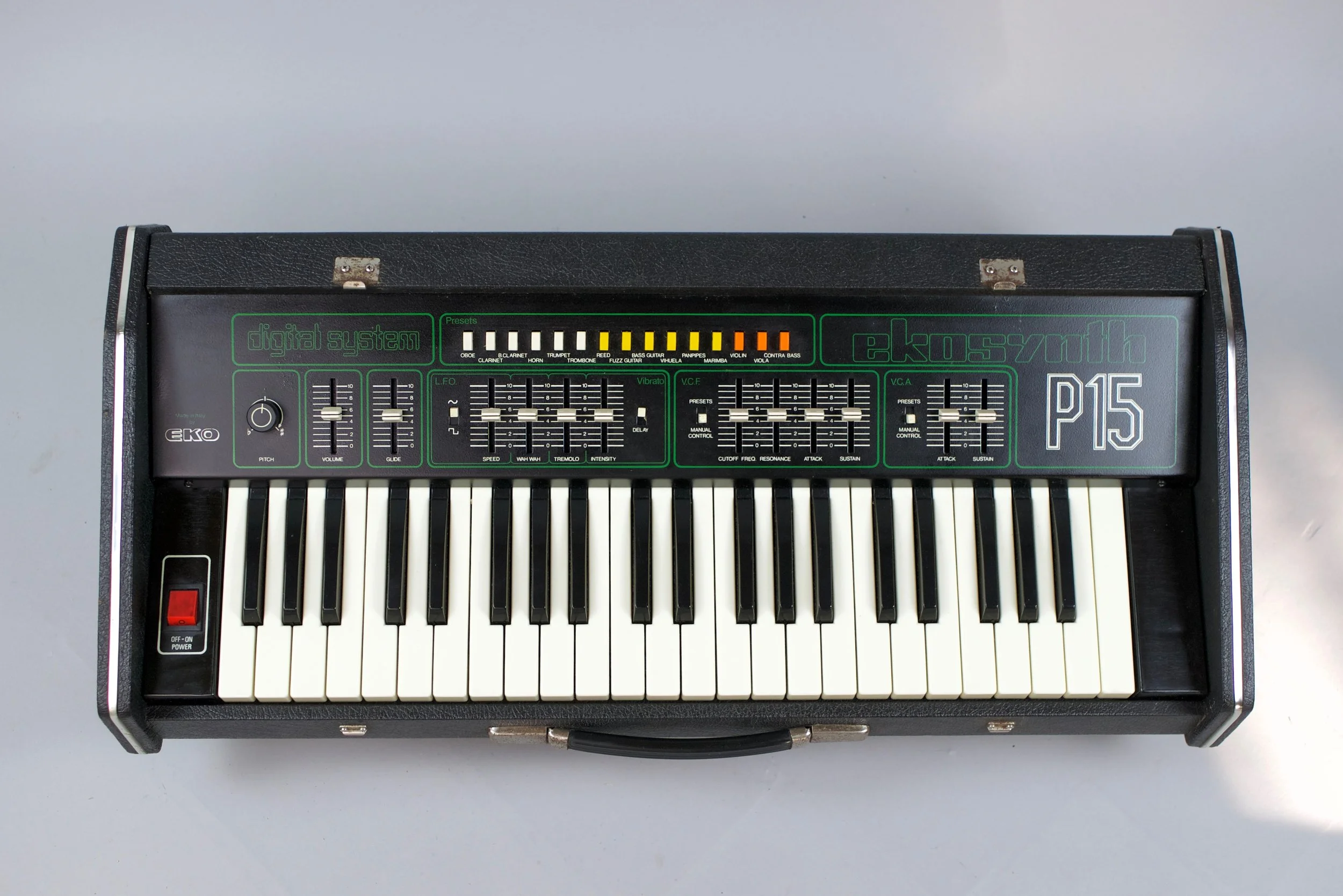 EKO P15 - 1979 - Reliable and straight forward, this is a useful monophonic synthesizer with the classic, analog synth leads and bass sounds. Compared to its predecessor the tones it generates are sweeter and softer on the ears. 