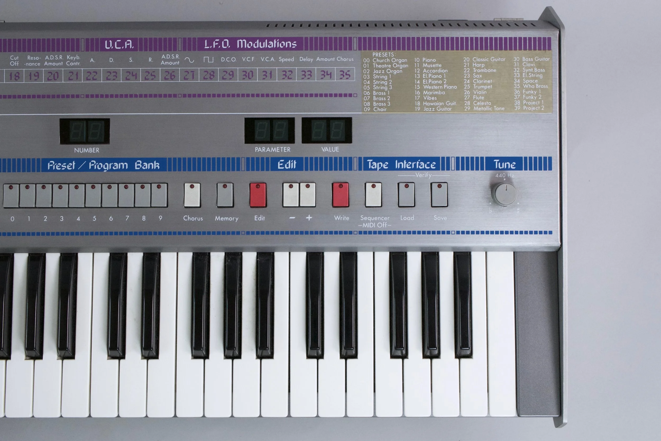 The Project 100 delivers plenty, with two DCOs per voice (square, sawtooth, pulse, pulse with variable pulse width) and two envelopes (VCA and VCF), a 4-pole filter with resonance and an LFO (with square, sine and delay functions) for modulating DCO,