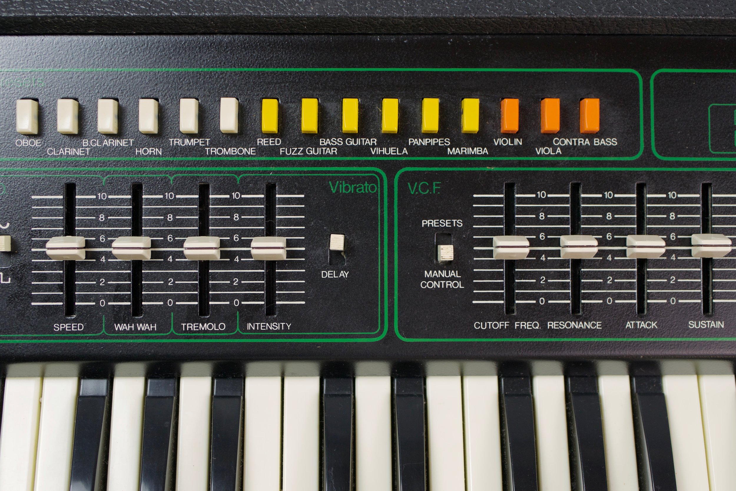 The preset section offers an original palette of sounds ranging from Fuzz Guitar and Pan Pipes to the Vihulea. Quite possibly the only synth with a Vihuela preset - the Vihuela is a Spanish guitar from the renaissance. 