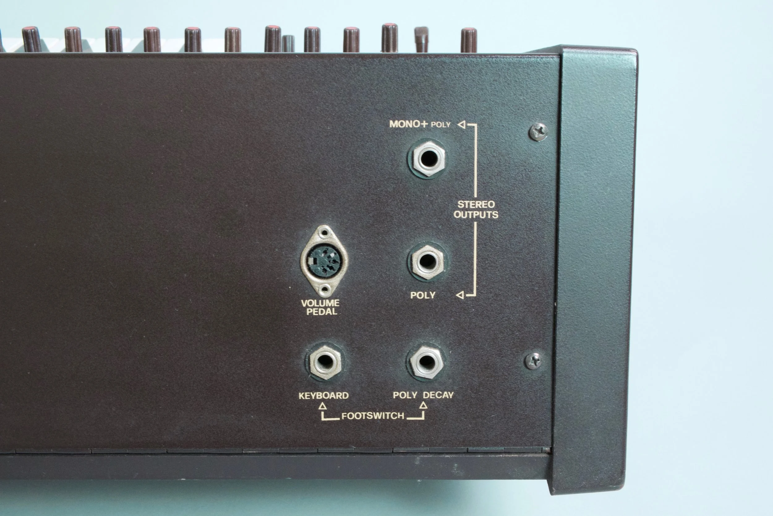 Separate audio outputs for the mono and poly section come in handy, as well as a few pedal inputs. 