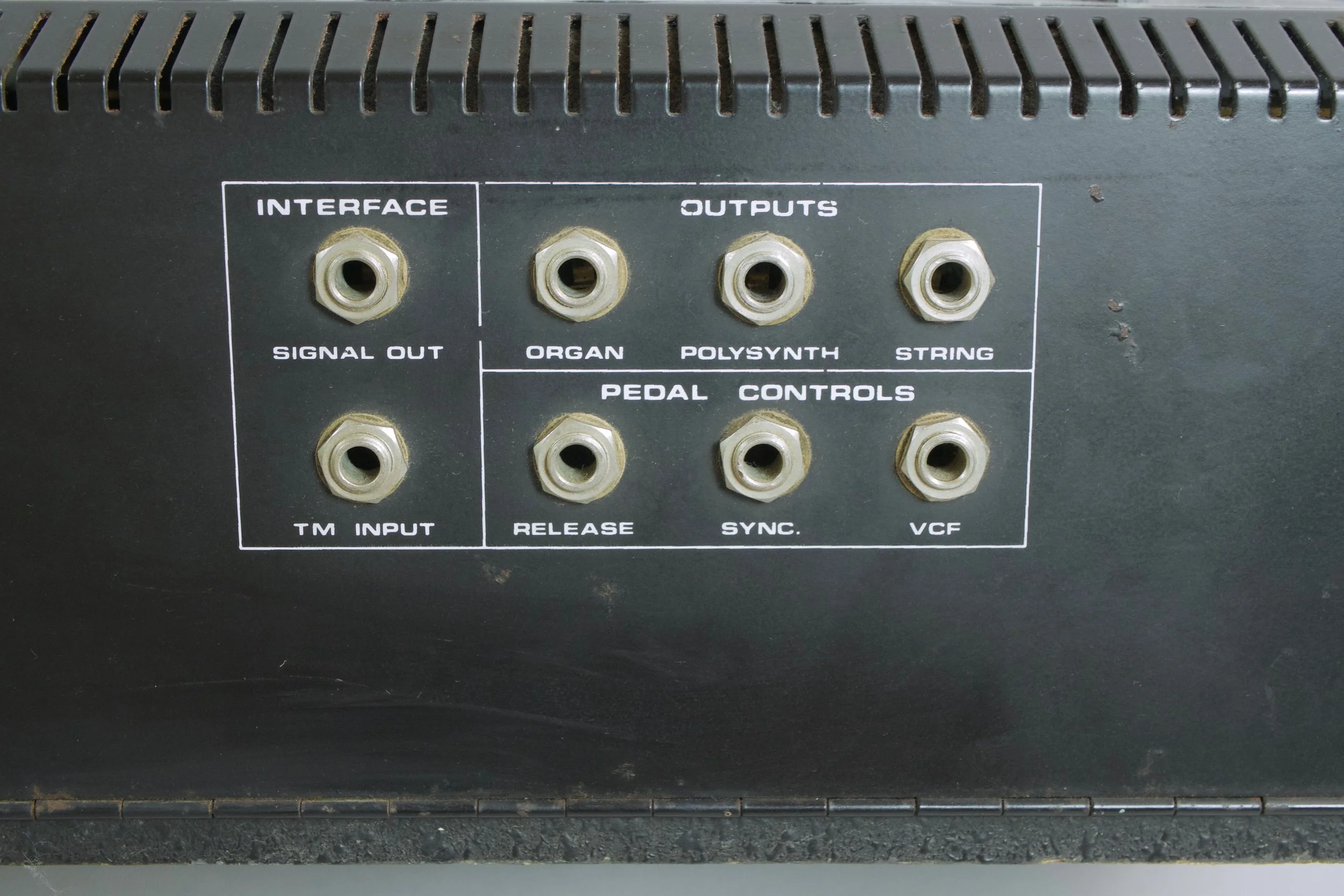 The back sports separate outputs for each instrument section and some great expression pedal control inputs, as well as some mystery connectors marked "Interface" and "T.M. imput". 