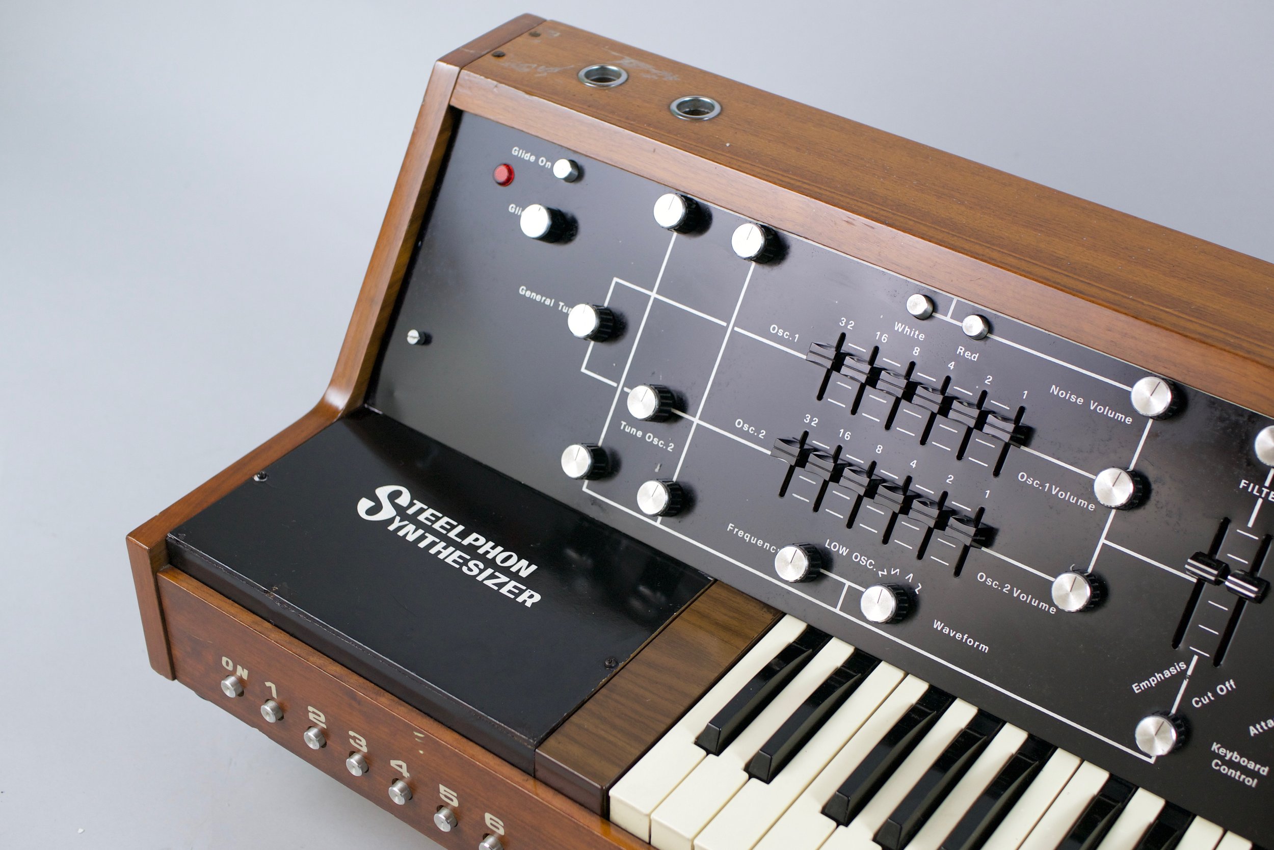 The signal path of the two oscillators and the two noise generators (white and red) is clearly mapped out for easy use. The left panel hides the 6 presets, modifiable by regulating the trim pots hidden underneath.  