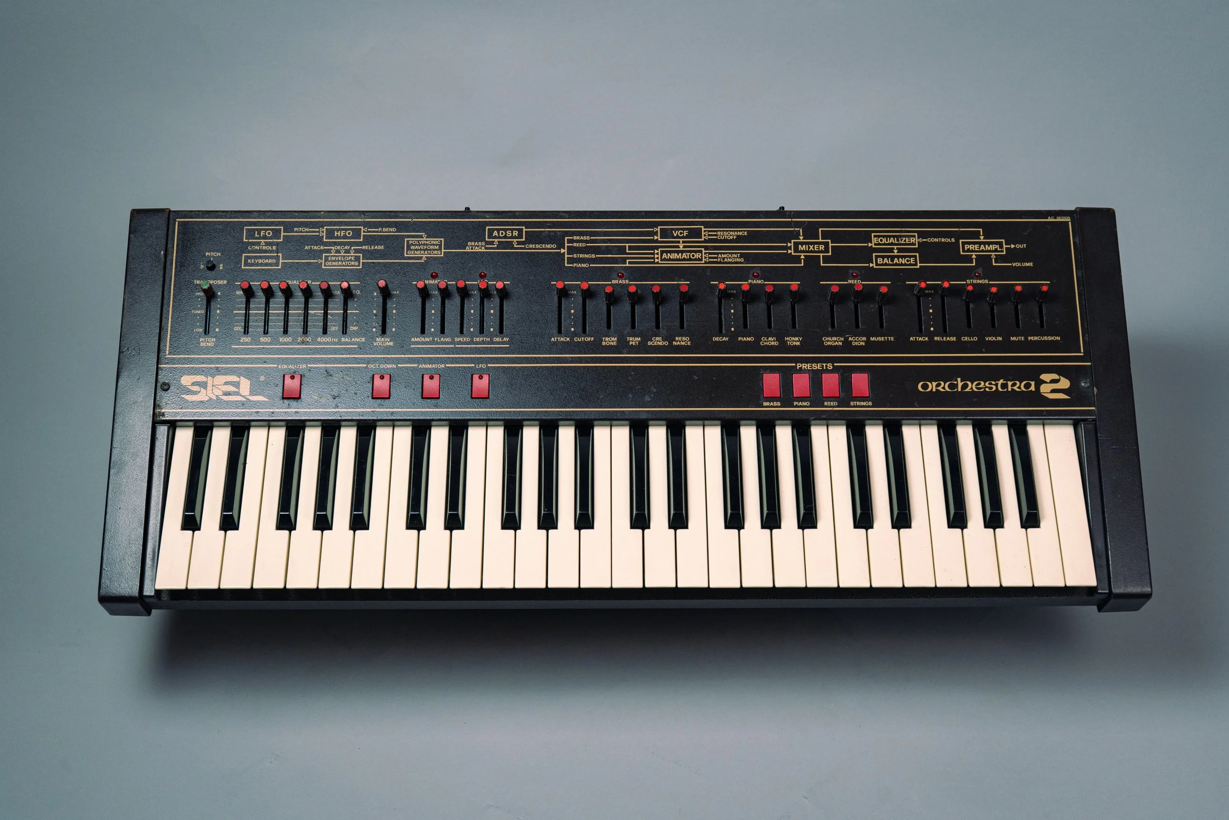 SIEL ORCHESTRA II - 1983 -  A fantastic compact string, piano and brass machine. This updated version has great modulation options compared to the rather limited predecessor, the Siel Orchestra. The design got an upgrade as well granting a full view 