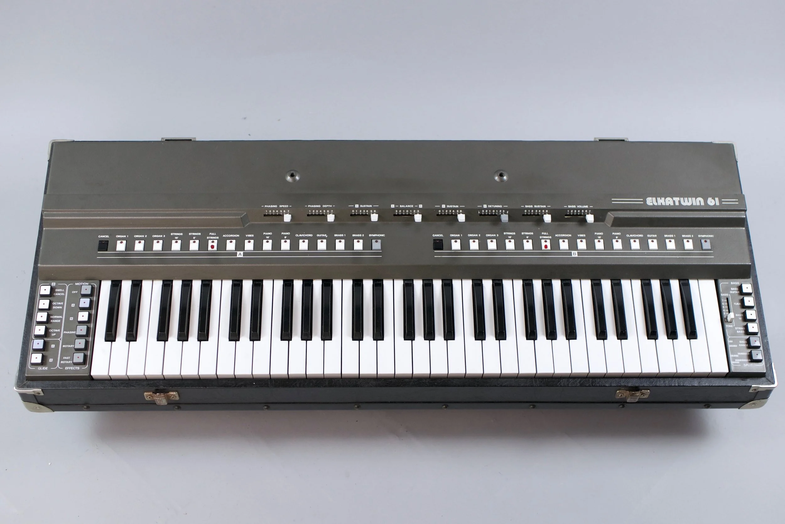 ELKA ELKATWIN 61 - 1980 - A hybrid digital and analog string machine and preset synth from Elka that offers two identical sections that can be engaged simultaneously plus a monophonic bass section. Stay for the built-in phaser. 