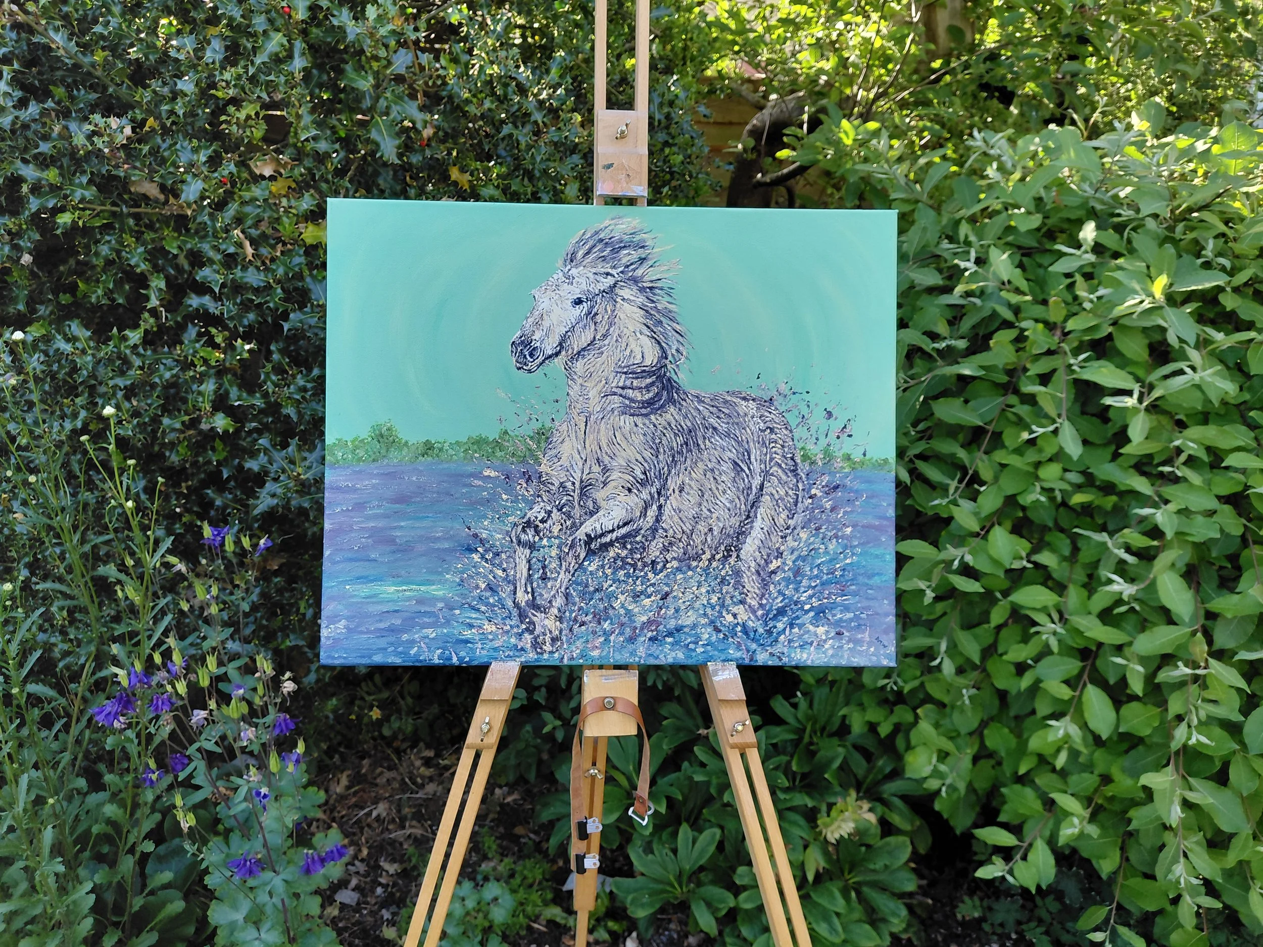 Camargue Horse. Oil exploring limited colour palettes, 16 x 20”. Edges painted and ready to hang