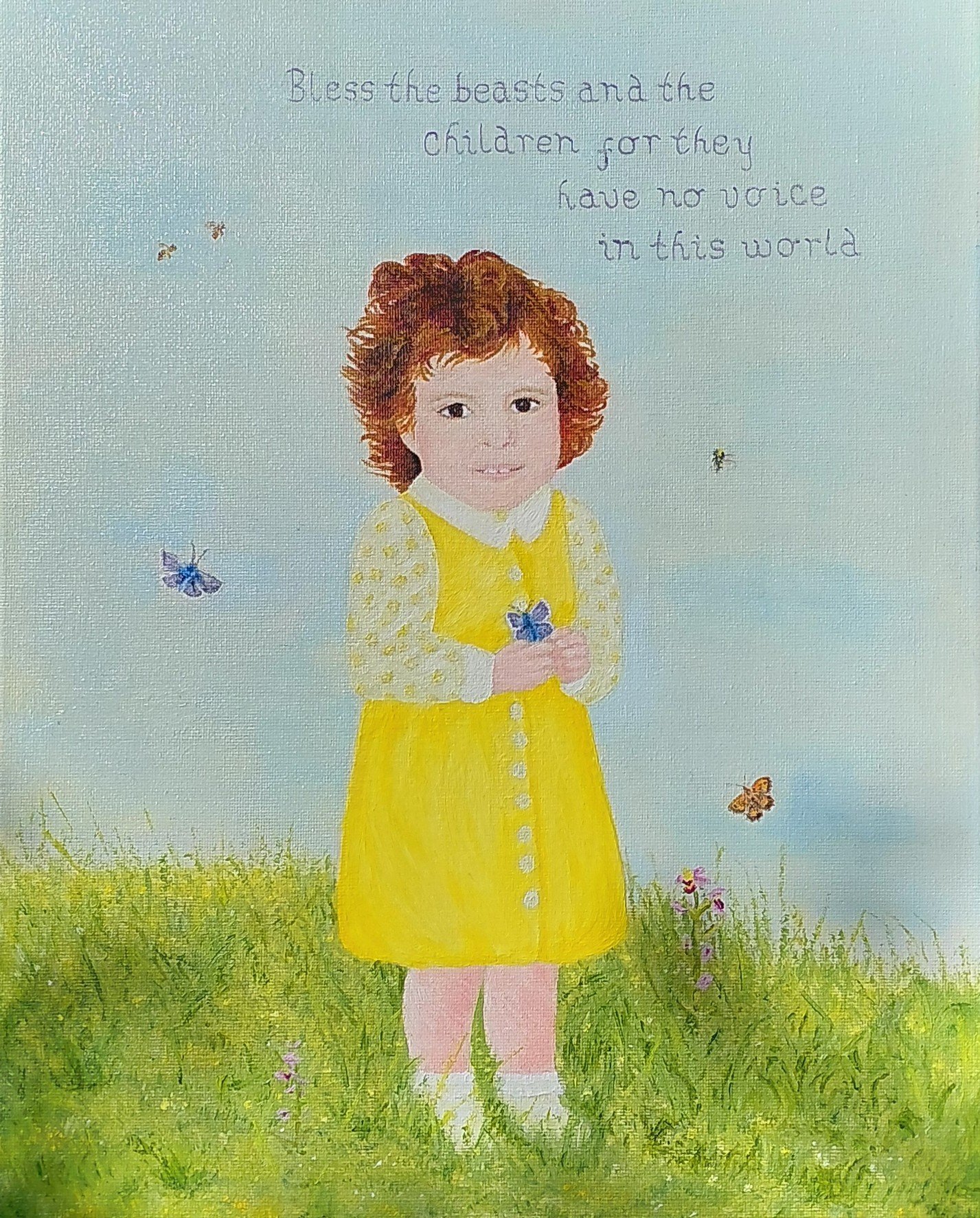 A young girl with curly red hair, wearing a yellow dress with white buttons, standing in a grassy field holding a butterfly. There are butterflies flying around, and the sky is light blue with some text that reads: 'Bless the beasts and the children for they have no voice in this world.'