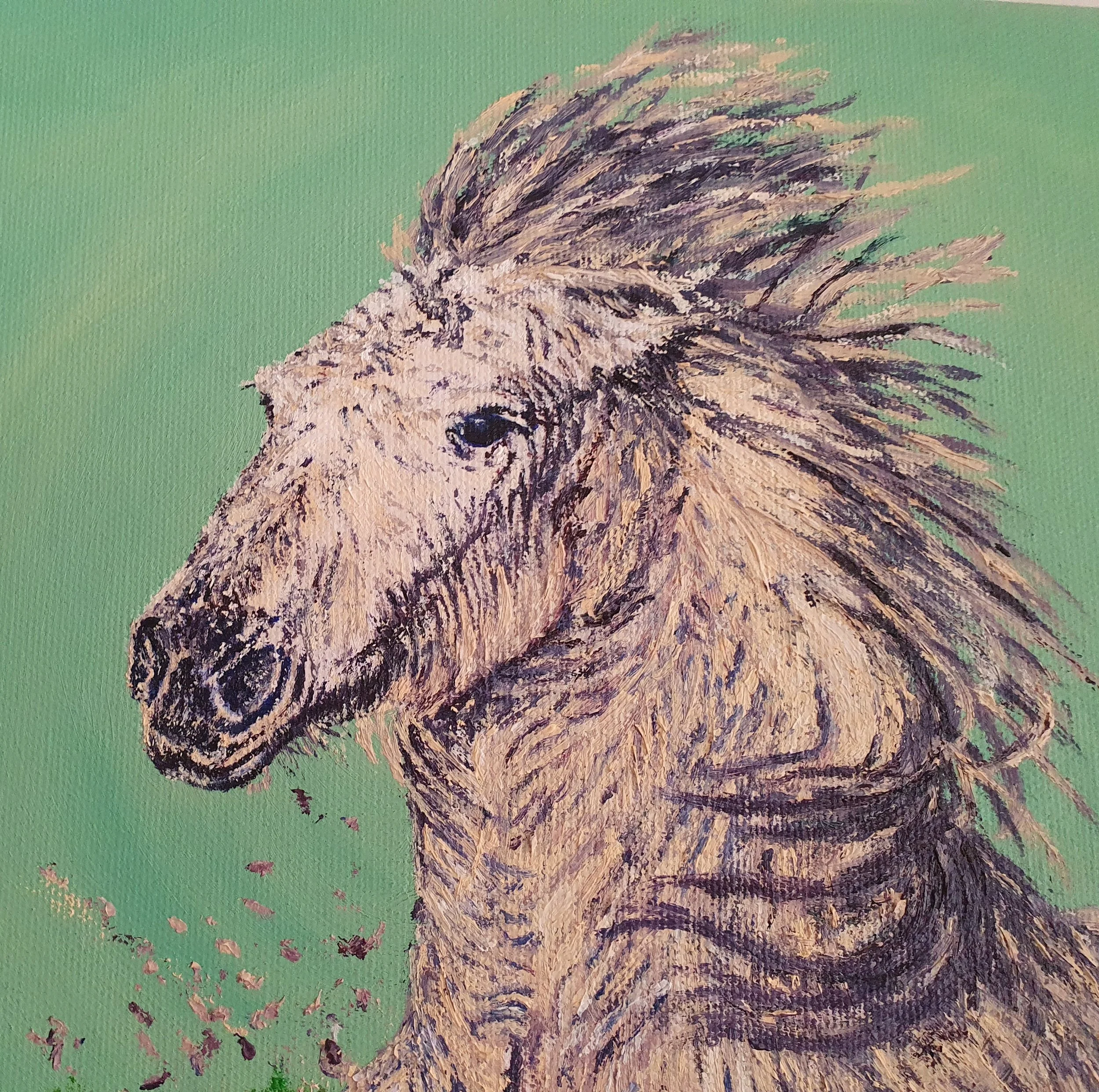 Oil painting of a Camargue horse in motion with long, textured mane. Limited colour palette