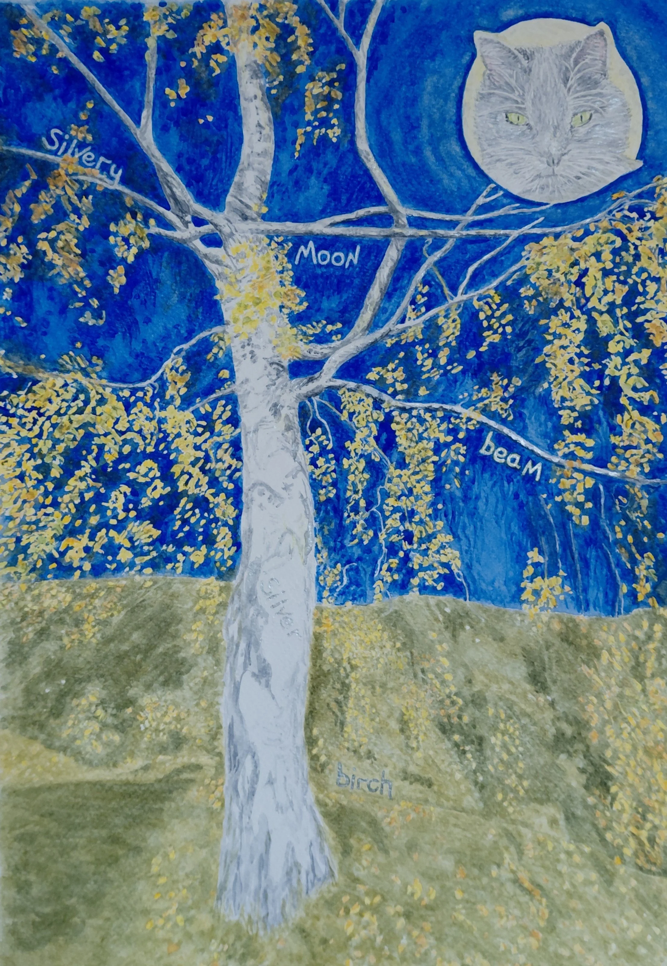 A painting of a birch tree with yellow leaves against a dark blue sky, with words 'Silver', 'Moon', 'birch', and 'beM' written on the branches and ground, and a gray cat's face inside a circular shape in the moon.