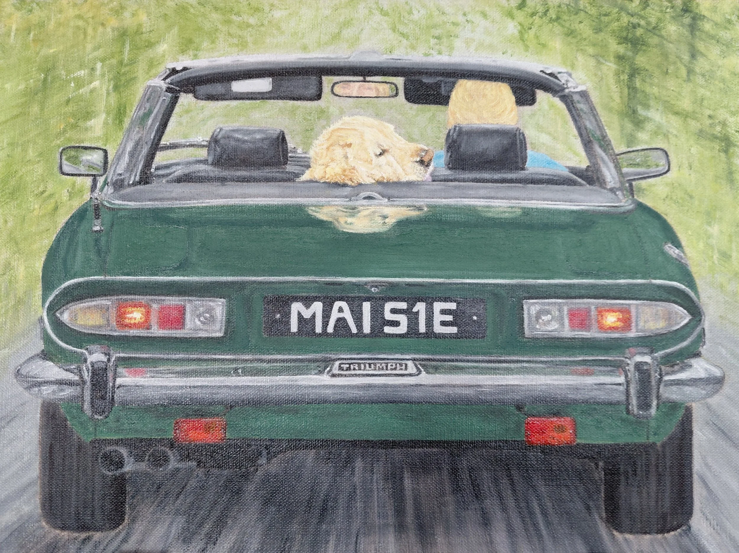 Painting of a green vintage convertible car seen from the back, with a golden retriever dog sitting in the passenger seat, looking out over the parcel shelf.