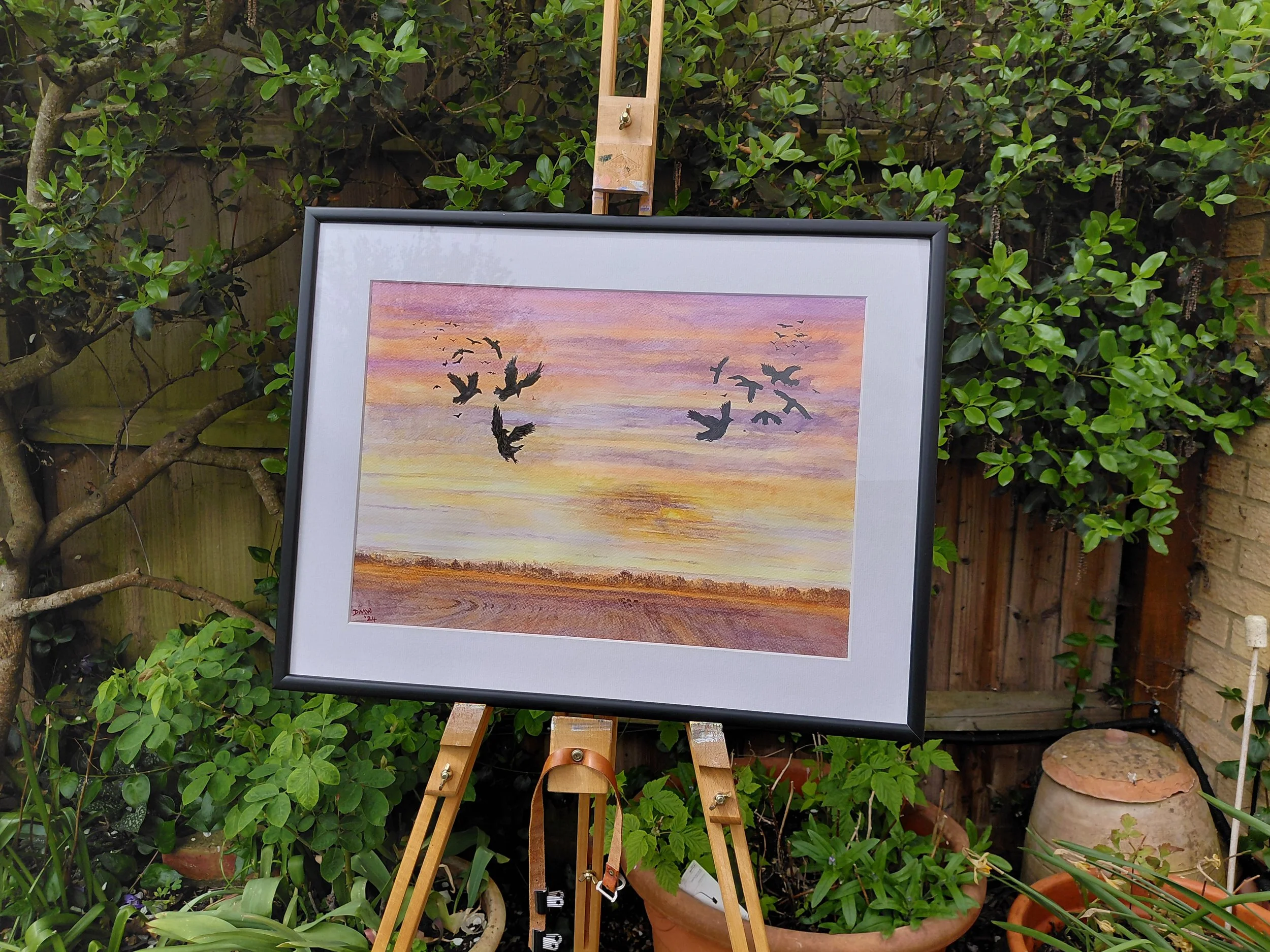 Crows at Sunrise, Watercolour, 11.7 x 16.5" - framed