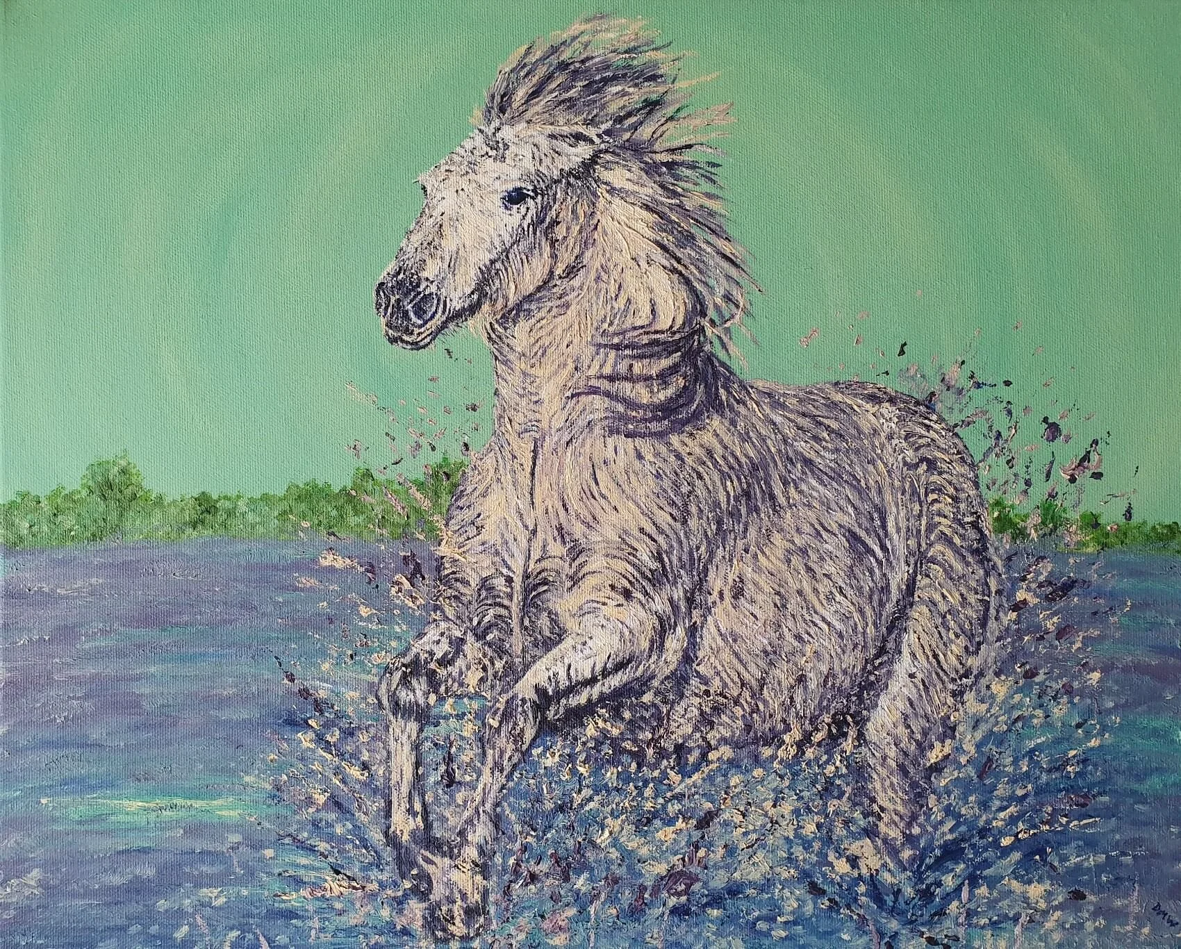 Oil painting of a Camargue horse moving through marsh and with a green background. A limited colour palette is used.