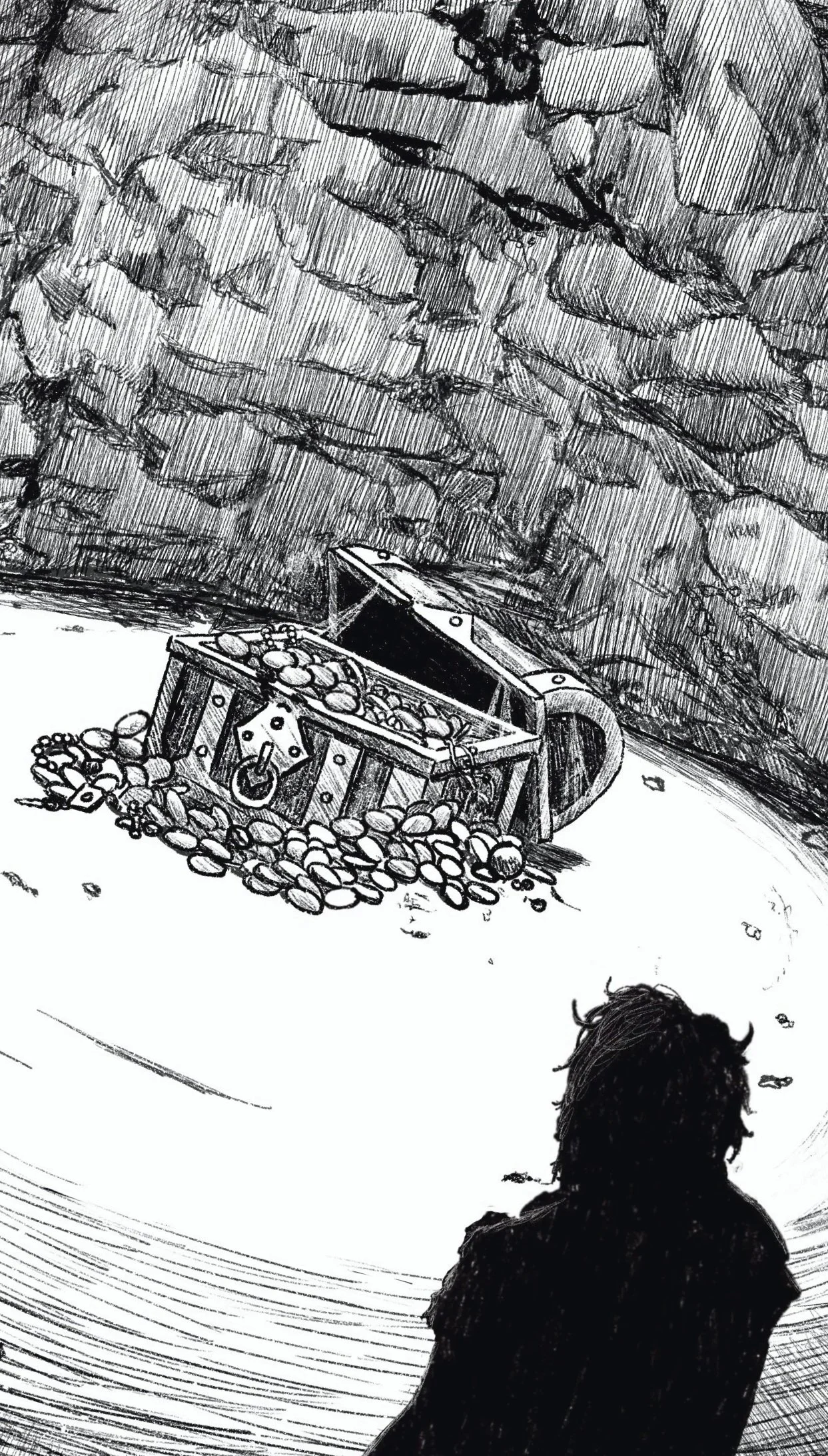 A person with dark hair and a dark shirt sitting and watching a treasure chest filled with coins, with a rocky landscape in the background.