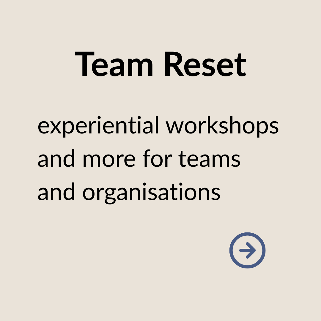 Screen showing a presentation slide with the text "Team Reset" and "experiential workshops and more for teams and organizations" on a beige background.