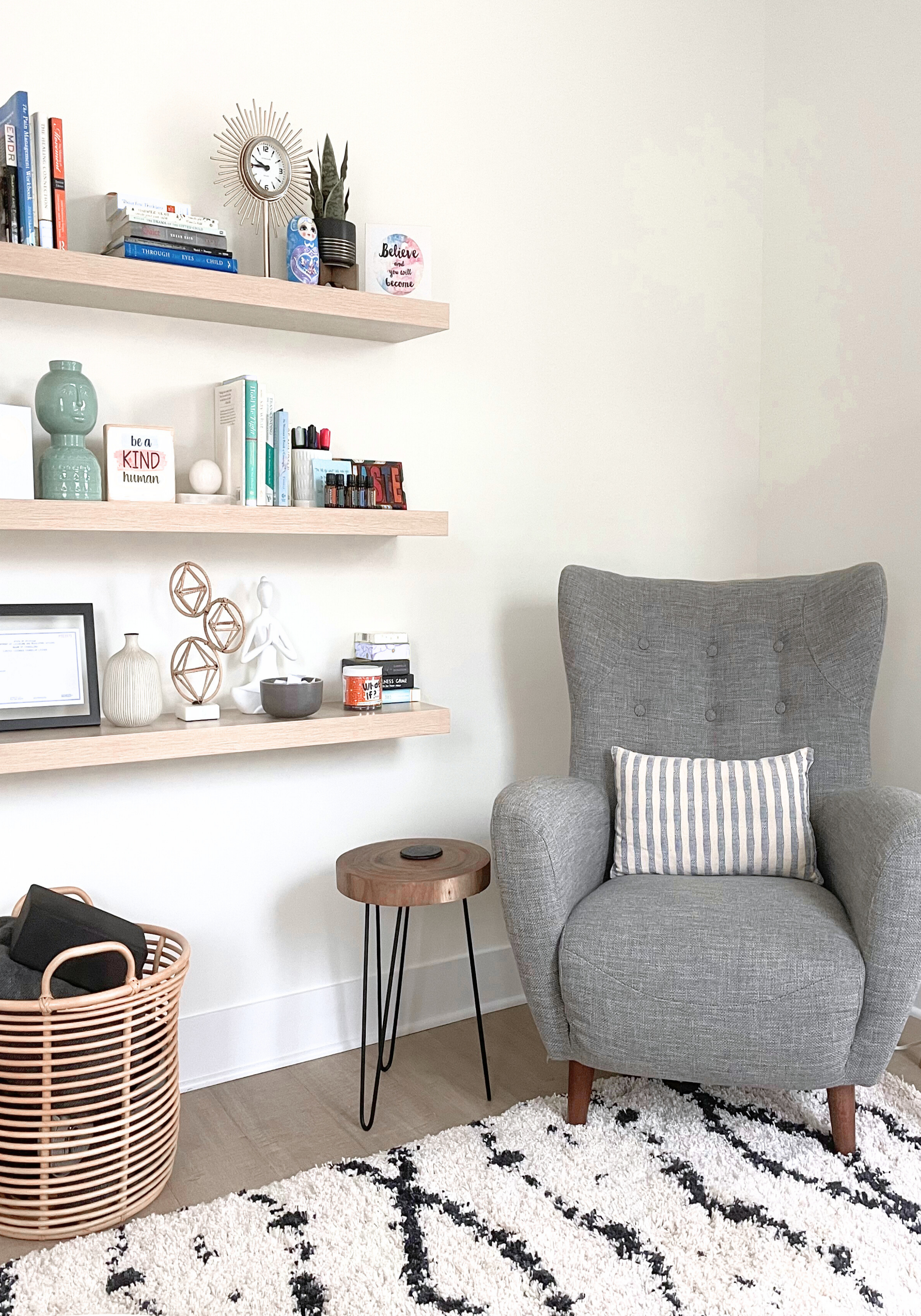 Reset Brain and Body - Northville Office with comfortable gray chair and bookshelf