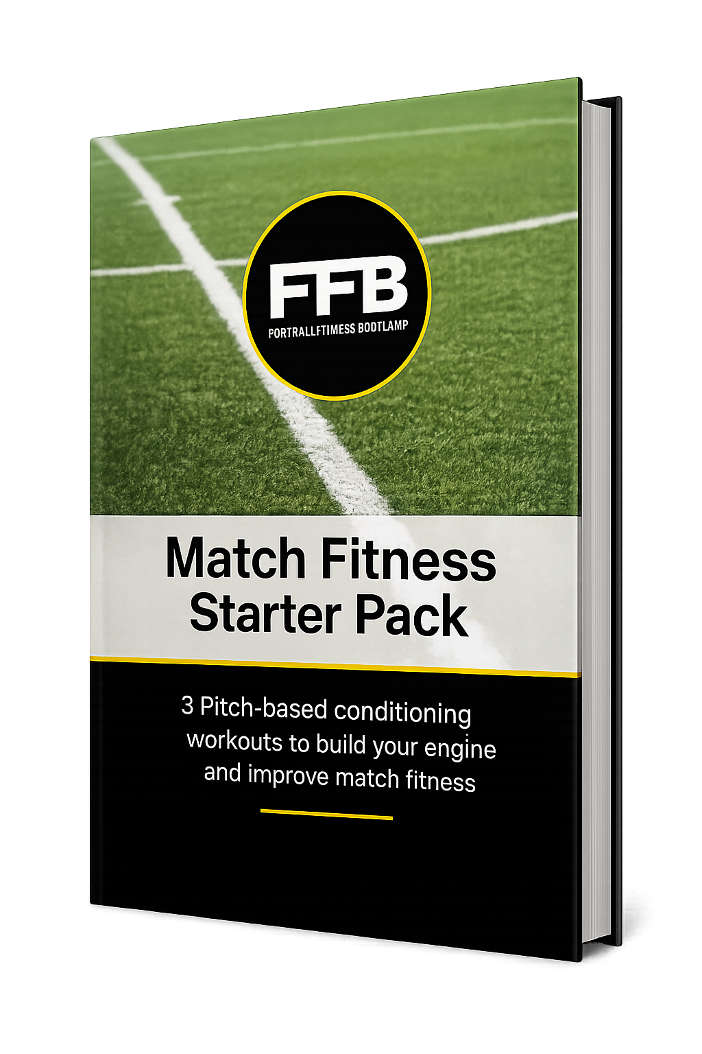 Book titled 'Match Fitness Starter Pack' with a background of green grass and white lines on a field, featuring a black circle logo with 'FFB' and smaller text 'PortraAllFitness Bootcamp'.