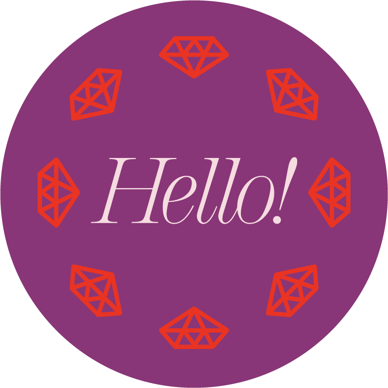 Purple circle with the word "Hello!" in the center and eight red diamond-shaped gemstones arranged around it.